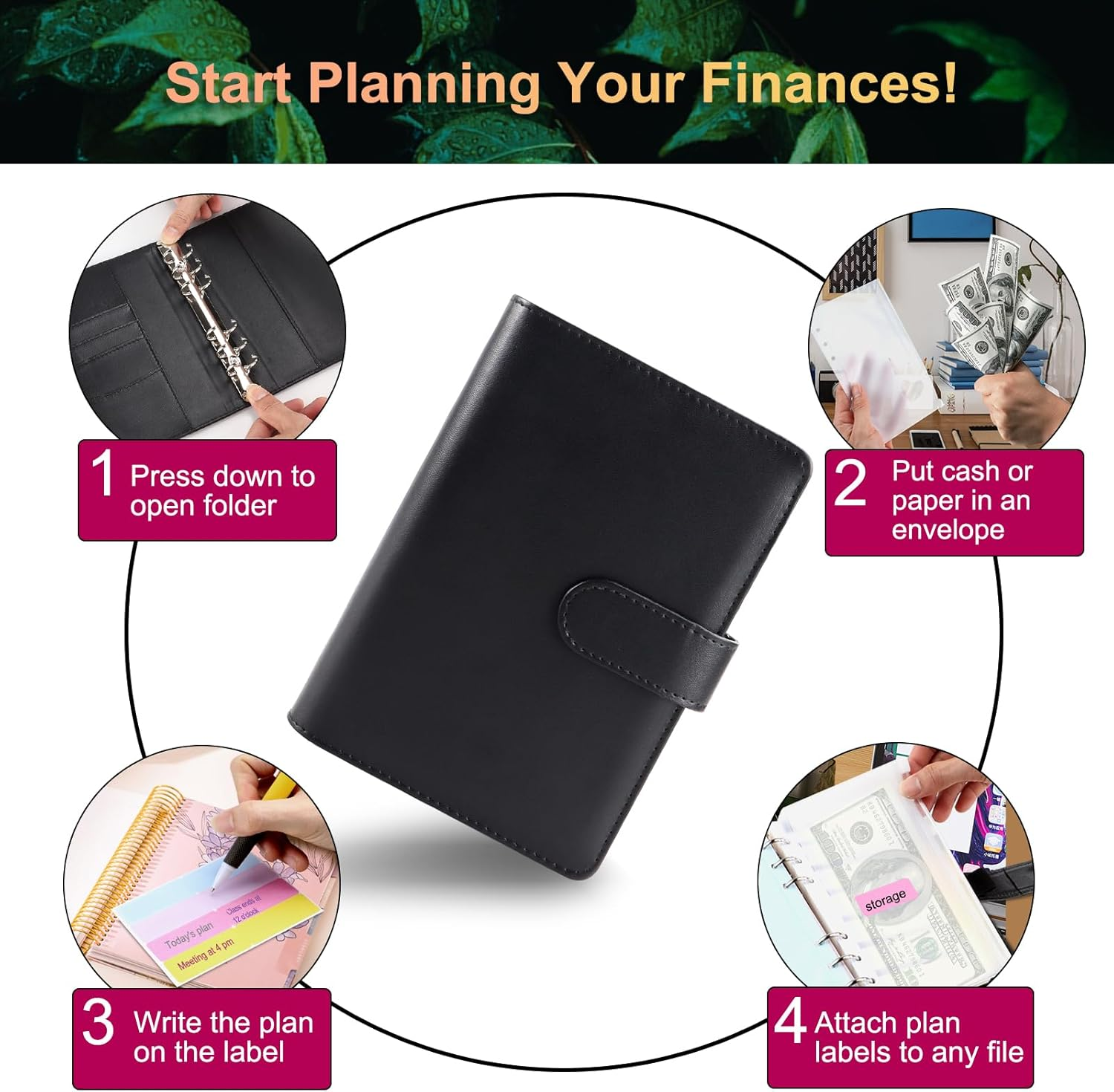 JUNART A6 Budget Binder with Cash Envelopes, Money Saving Binder Budget Wallet with Cash Binder Pocket, Budget Planner, Stickers, Budget Book for Teenager Student Adult(Black) image number 3