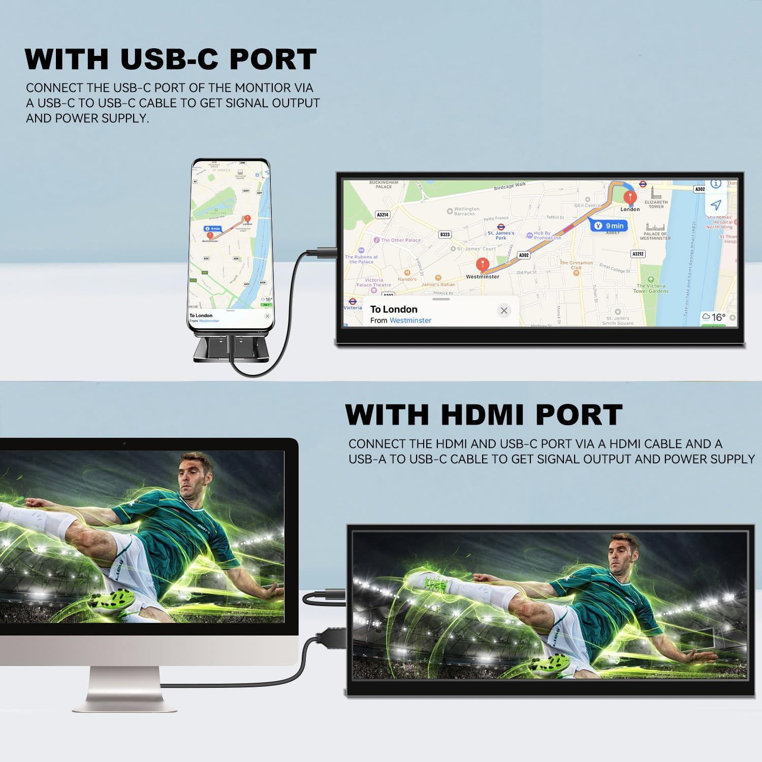 12.3 Inch Secondary Monitor, IPS Stretched Bar LCD Travel Display 1920 * 720 HDMI USBC, Mini Portable Monitor Metal Material for Laptop Computer Windows Aida64 GPU CPU RAM Monitoring,Built-In Speaker image number 4