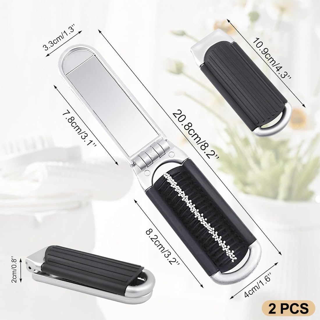 KIRZAX Foldable Travel Hair Brush, Pack of 2 Portable Hair Styling Combs, Hair Combs, Foldable Hair Brush with Mirror, Pockets Hair Comb, Hair Styling Comb for Men and Girls, Silver image number 3