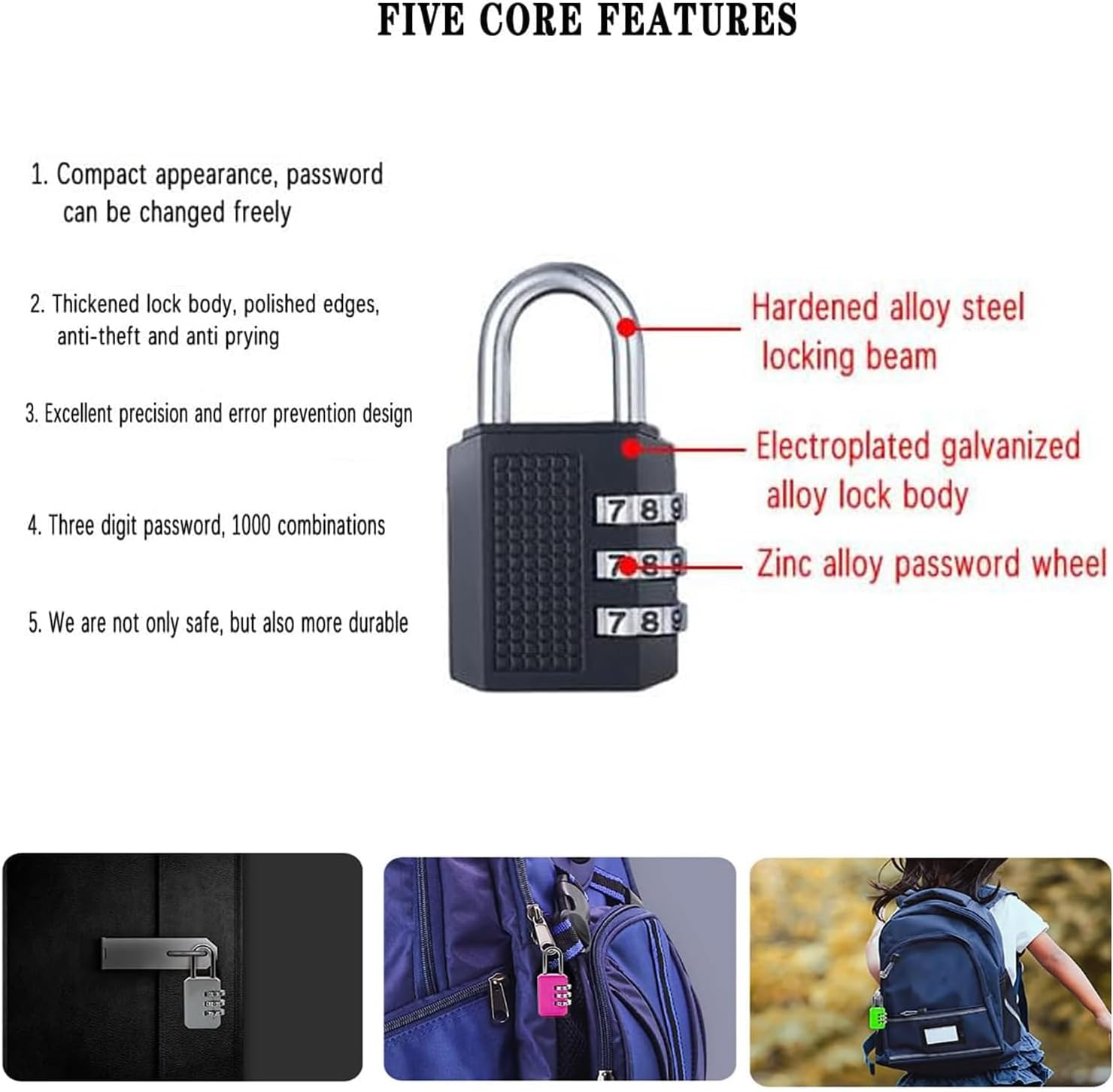 Yharnamite 4 Pcs Combination Lock for Locker, 3 Digit Combination Padlock, Waterproof and Rust-Proof Padlock Combination Lock for Travel Bag, Suit Case, Lockers, Gym image number 3