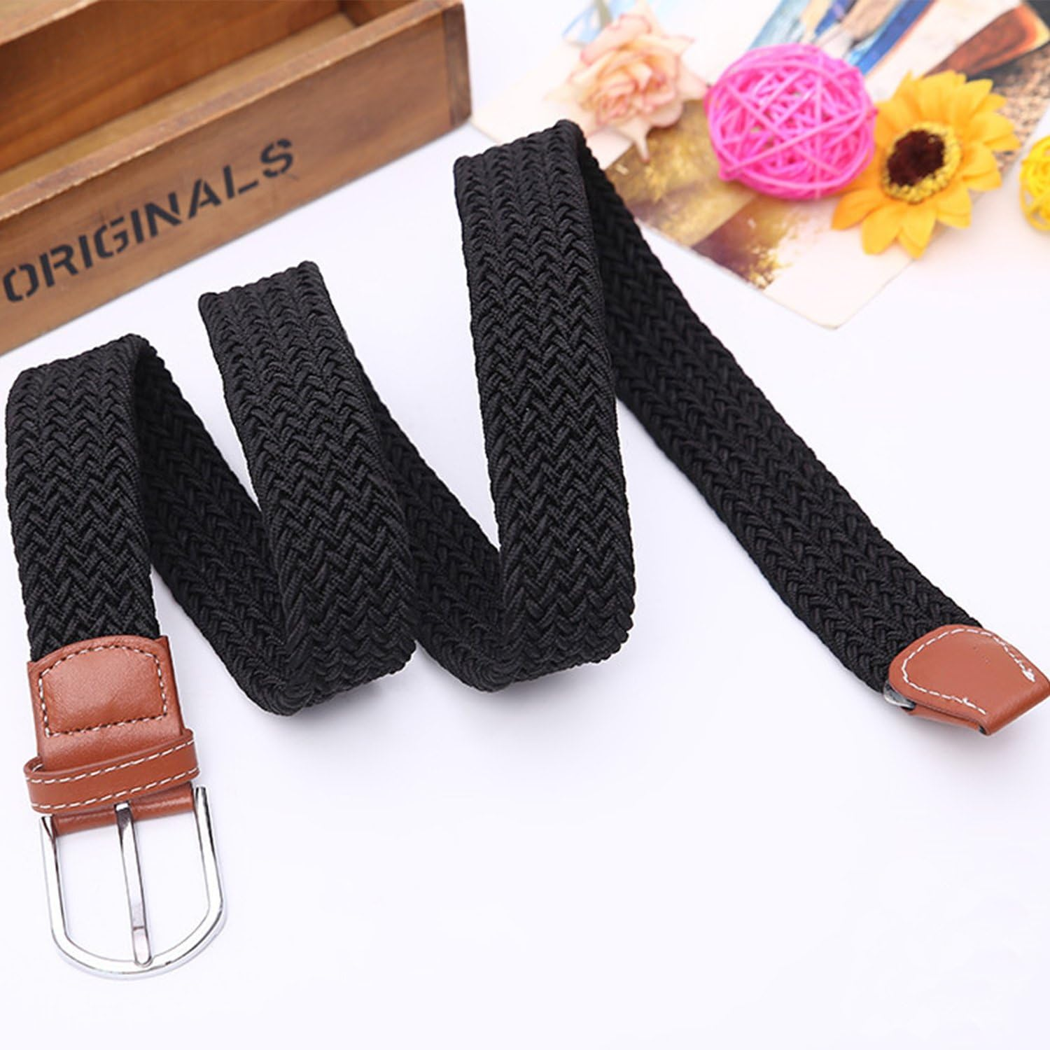 2 Pack Womens Stretch Canvas Braided Belt - Ladies Belts for Jeans, One Size - Black+Brown image number 7