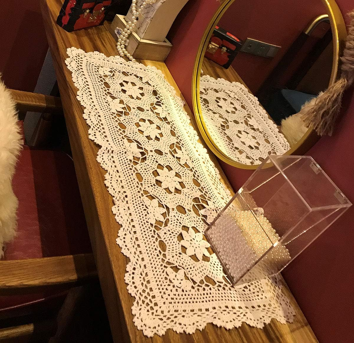 Janef White Handmade Crochet Cotton Table Runner Lace Doilies Doily Rectangle Dresser Scarves,16 by 28 Inches.
