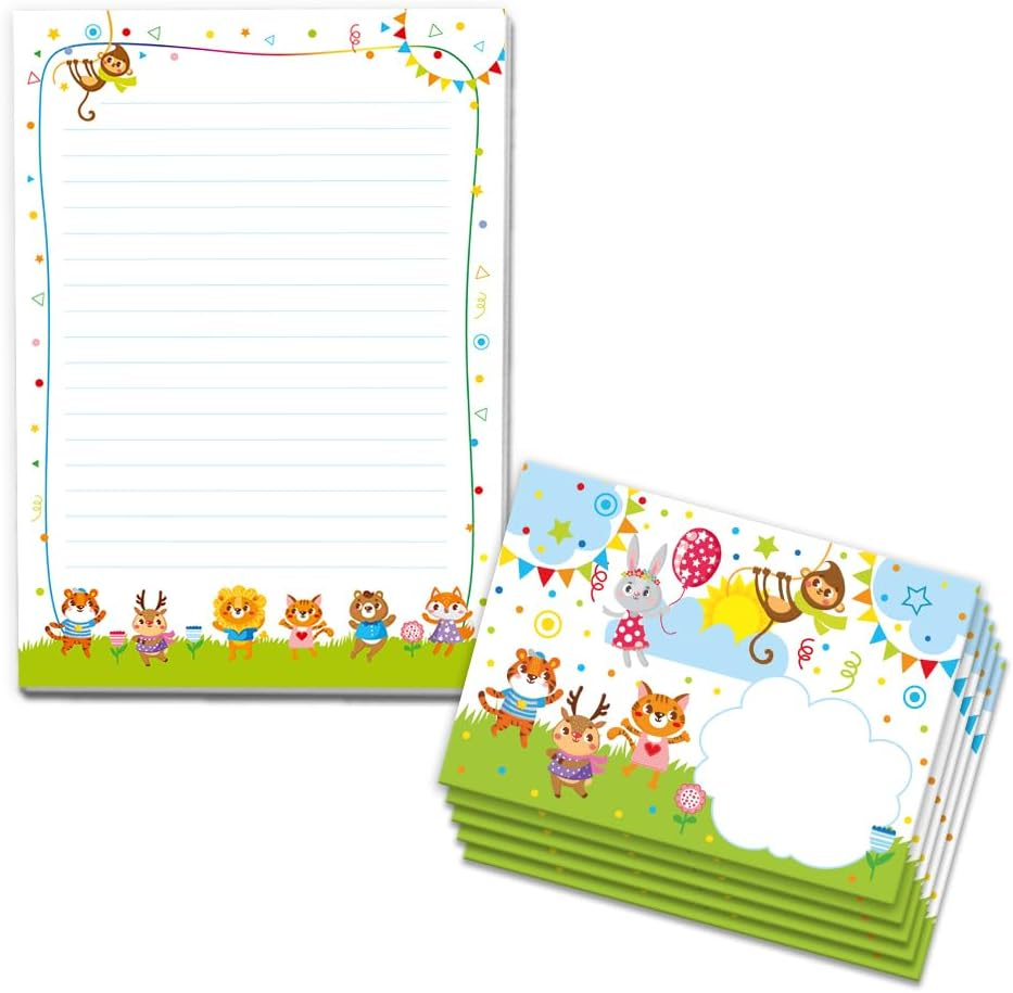 Writing Paper Set Letter Pad with Envelope for Girls Boys Kids Motif Animals Letter Paper Pad Lined (A5 Pad with 25 Sheets + 15 Envelopes)