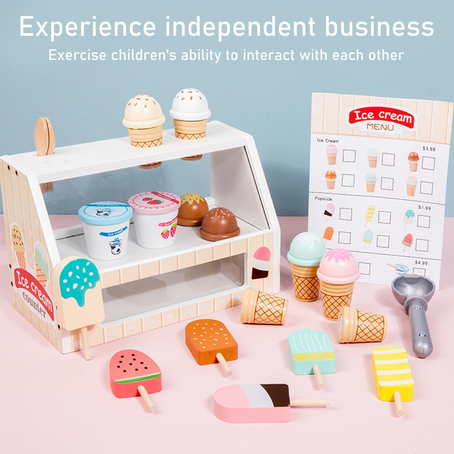 Uandhome Ice Cream Toy,Wooden Ice Cream Toys for Kids Toddlers, Pretend Play Kitchen Food Toys, Ice Cream Counter Shop Playset for Kids, Kids Ice Cream Cart, Toys for 3 4 5 6 7 8 Year Old Girls Boys image number 3