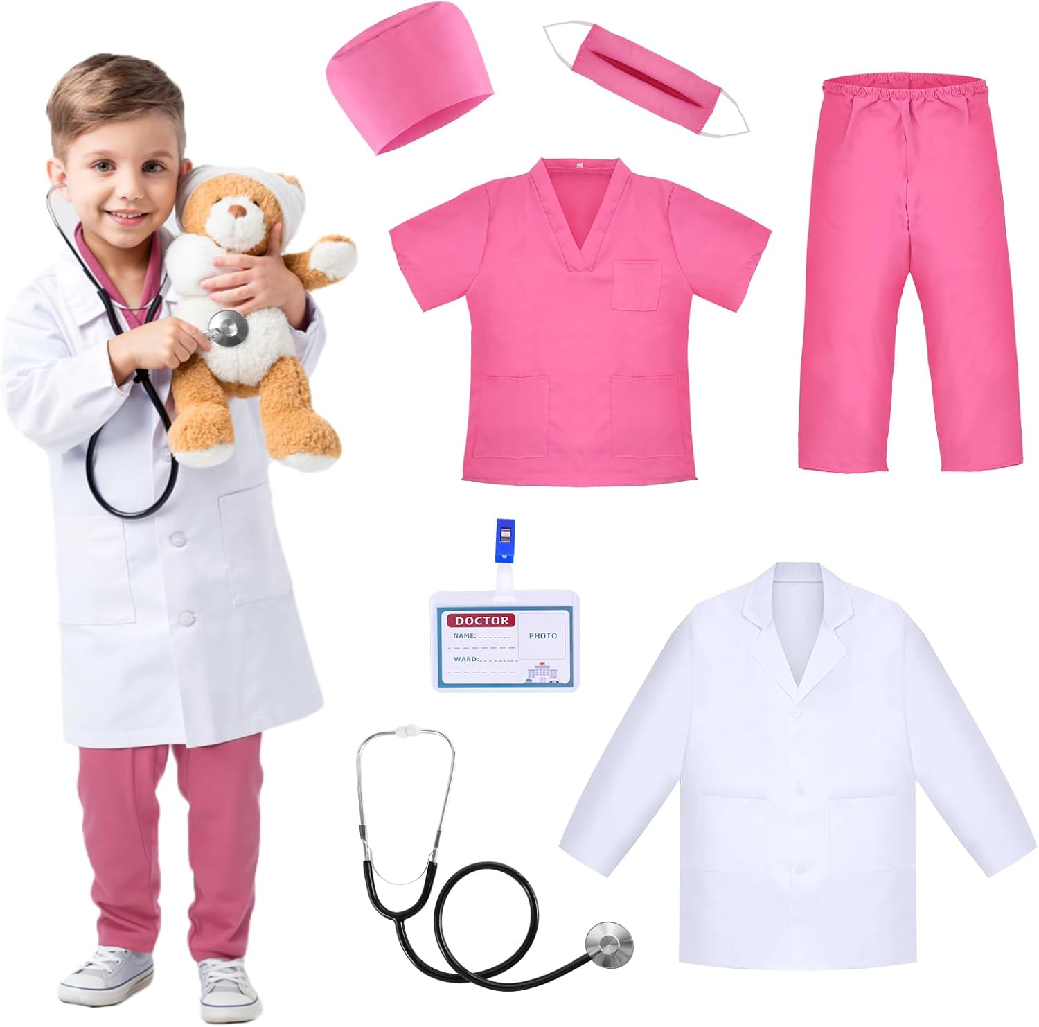 Kids Doctor Costume, Child Role Play Costumes Unisex Fancy Dress Costume Doctor Scrubs for Kids Nurse Costume for Halloween Cosplay Party