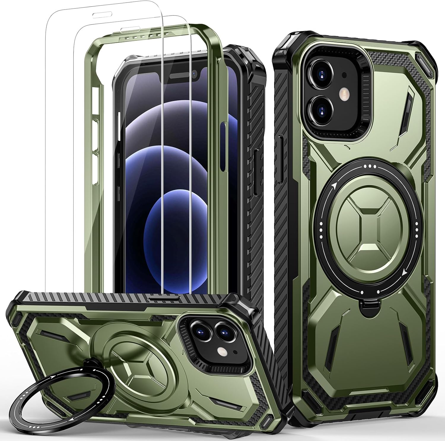 Lanhiem for Iphone 14 Case/Iphone 13 Case with 2 Pack Screen Protector, Shockproof Military-Grade Protection, Magnetic Kickstand Phone Case for Iphone 14/13, Black