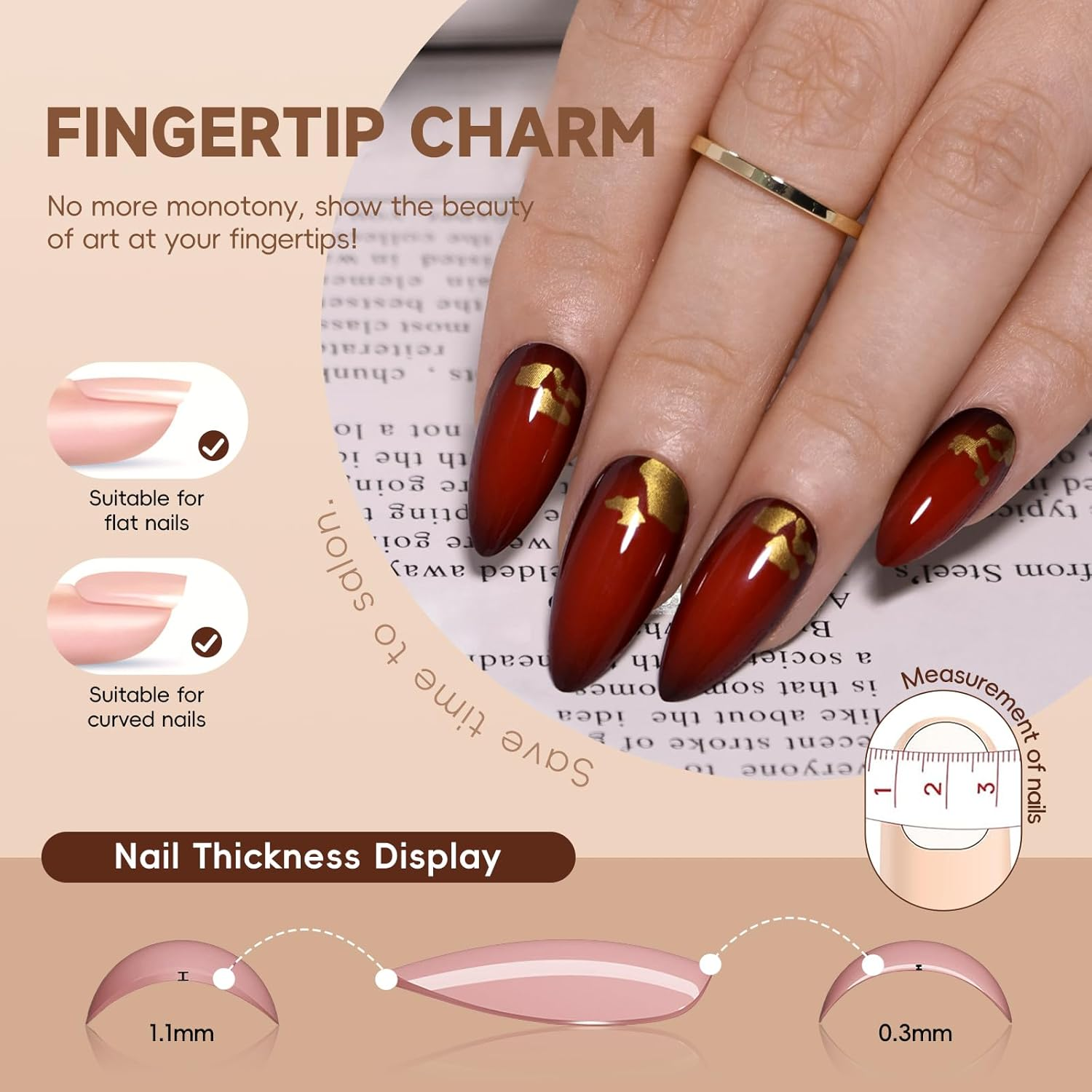 Noerrors 24Pcs Black Red Gold Foil Short Almond False Nails Stick on Gothic Color Gradient Vampire Golden Sequins Acrylic False Nails with Glue image number 4