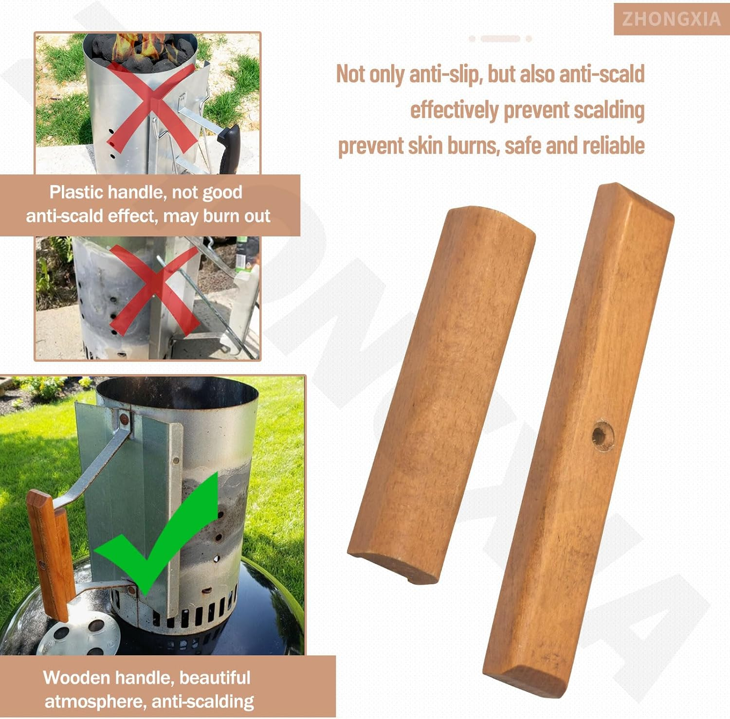 2 Pack Cherry Wood Replacement Handle Compatible with We-Ber Charcoal Grill, Fits 22.5" and 18.5" One Touch Grills and Many Similar Grills and Smokers image number 1