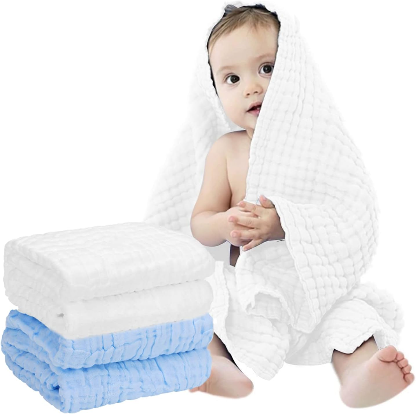 Muslin Baby Towel Super Soft and Absorbent Cotton Baby Bath Towels 2 Pack 6 Layers Infant Newborn Blanket Toddler and Kids Large 40 X 40Inches (Blue & White) image number 1