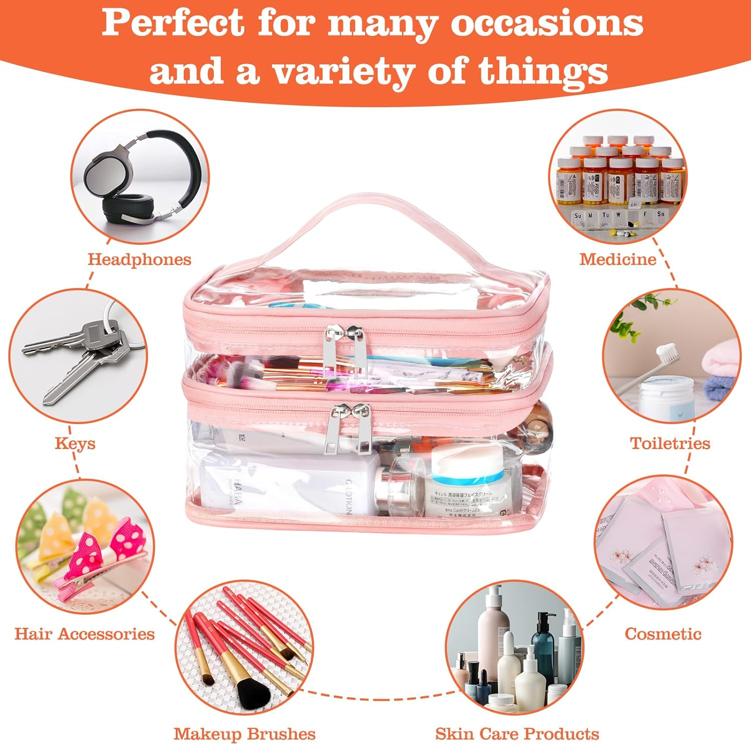 HAOGUAGUA Double Layer Clear Cosmetic Bag Makeup Bag, Waterproof Travel Toiletry Bag, Transparent PVC Pouch Organizer, Pink Large, Double Layer Clear Cosmetic Bag - Black-Large image number 3