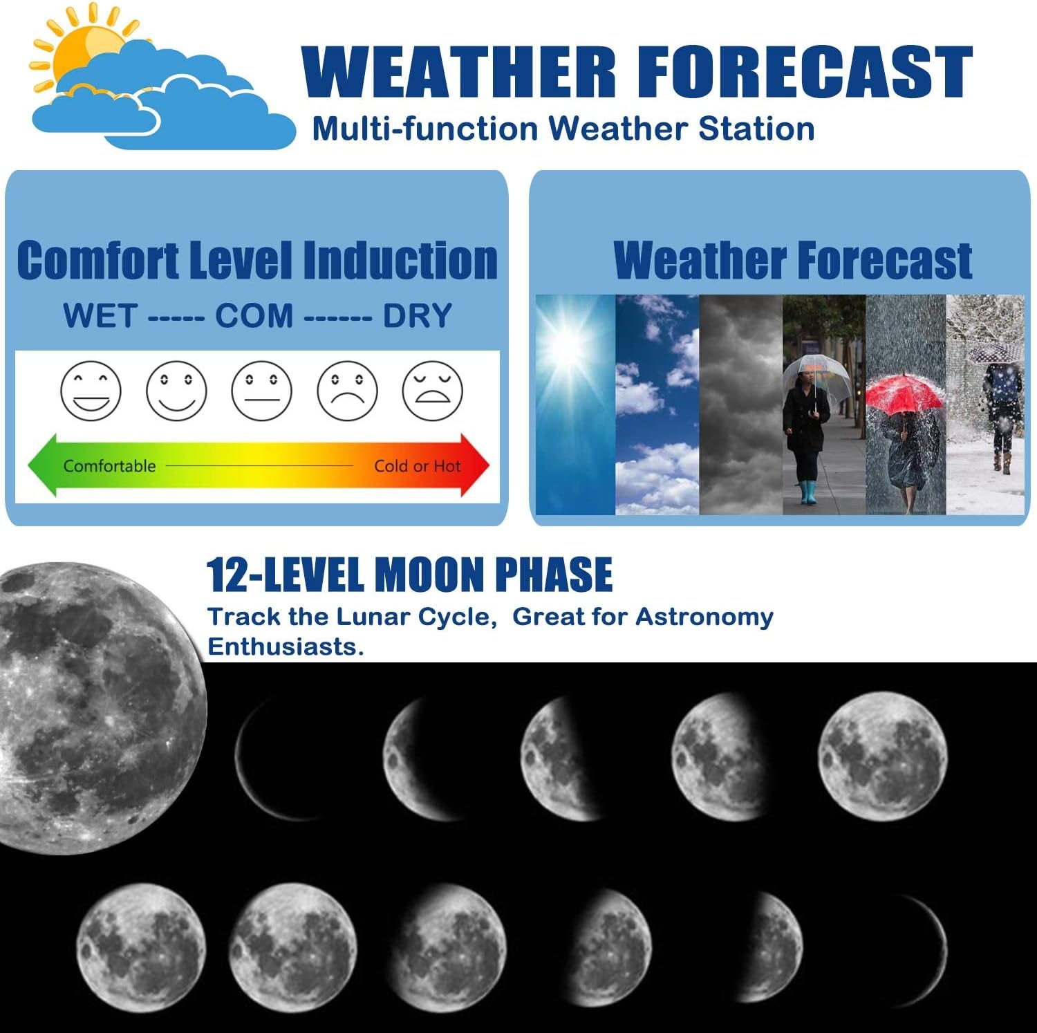 Wireless Weather Station Indoor Outdoor Weather Forecaster with Sensor Digital Hygrometer Monitor with Alarm Clo Moon Phase Adjustablt Balight Sooze Mode