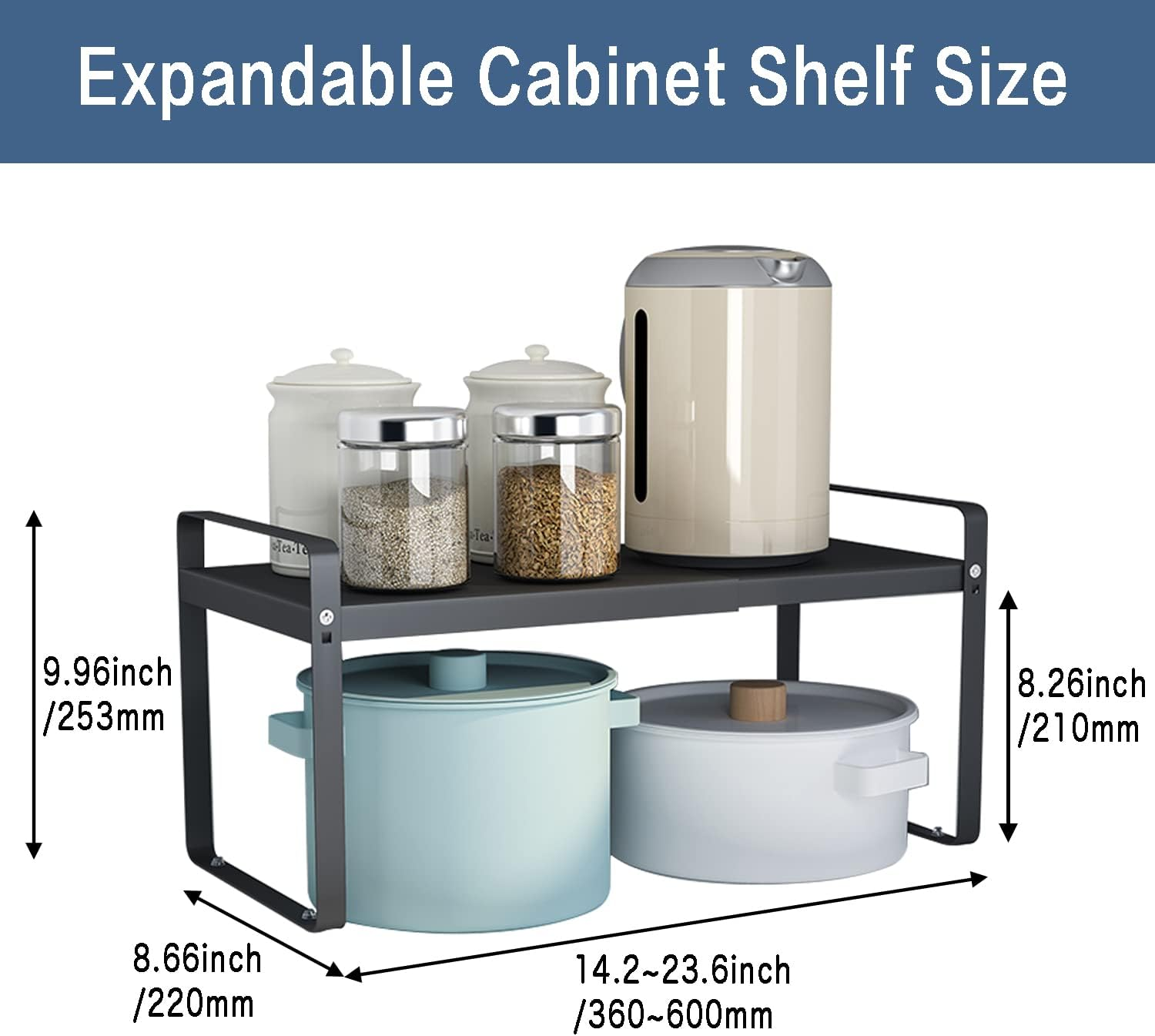 MAGGHEVI Expandable Cabinet Shelf Organizer Storage Rack，Cupboard Stand Spice Rack，Pantry Shelves Space Riser for Kitchen Bathroom，Metal Plate Heavy Duty Nonslip (Black) - Black image number 3