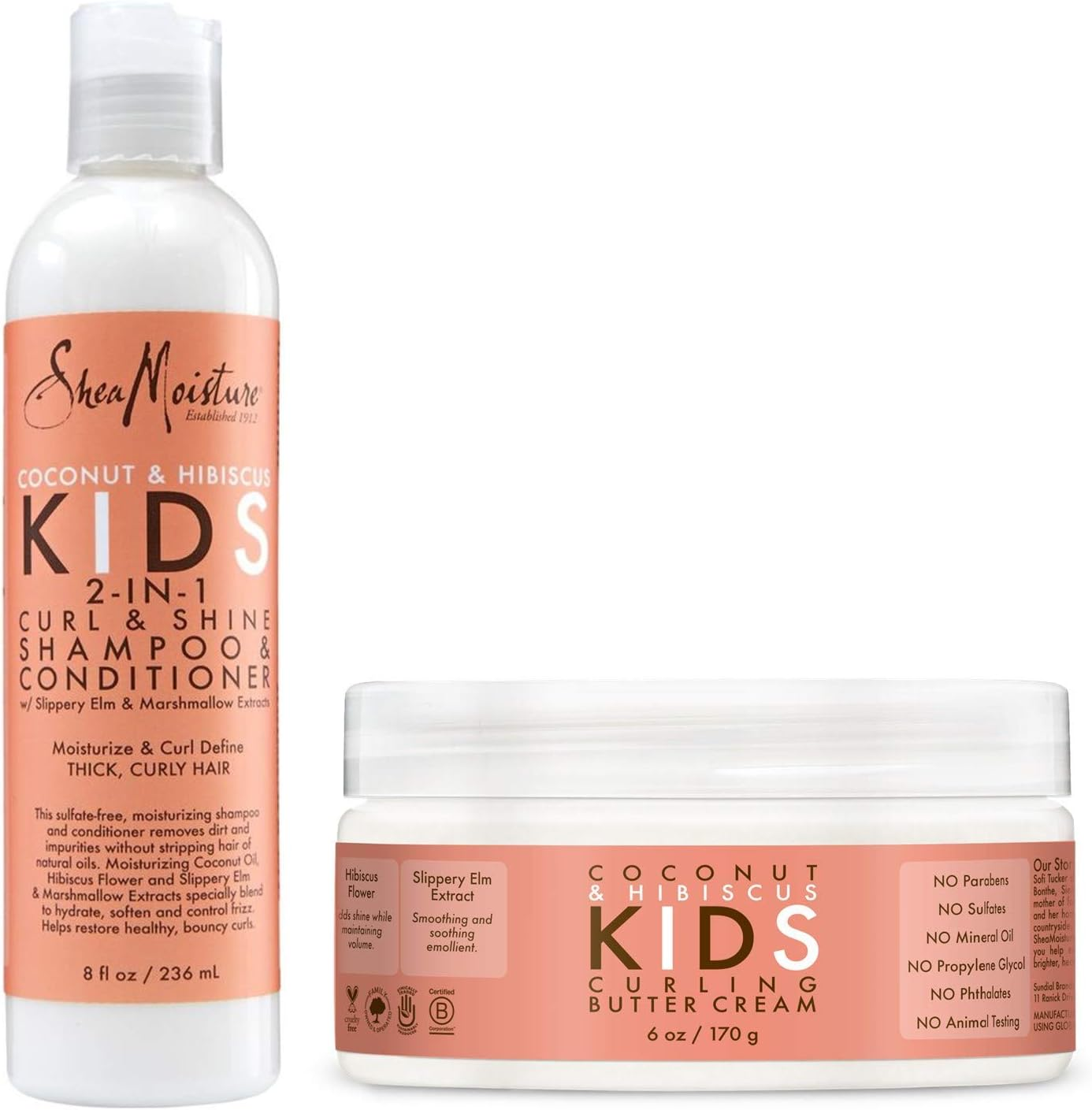 Shea Moisture Coconut & Hibiscus Kids Combo Pack - Includes Kids Curling Butter Cream, 6 Oz & Kids Curl & Shine 2-In-1 Shampoo & Conditioner, 8 Oz