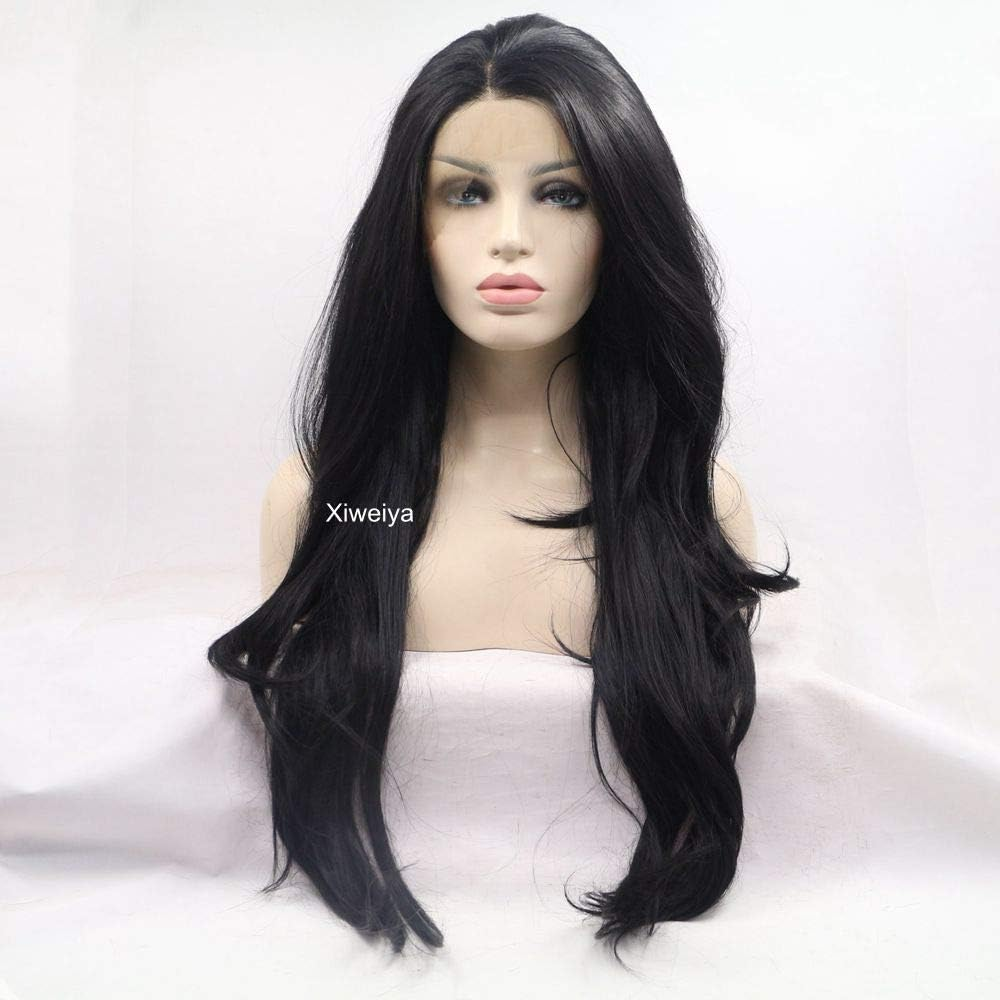 Xiweiya Long Natural Wavy Synthetic Lace Front Wigs for Black Women Black Hair Wig Heat Resistant Fiber Half Hand Tied 24Inch