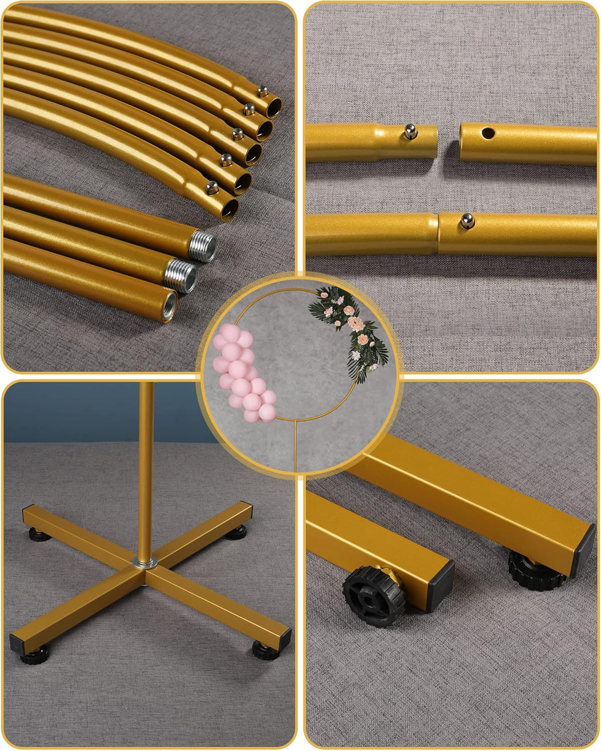 YALLOVE Metal round Balloon Column, 2.2 M Height Gold Hoop Arch Stand, Balloon Circle Frame Backdrop of Height Adjustable, Decoration for Birthday, Baby Shower, Anniversary, Wedding image number 1