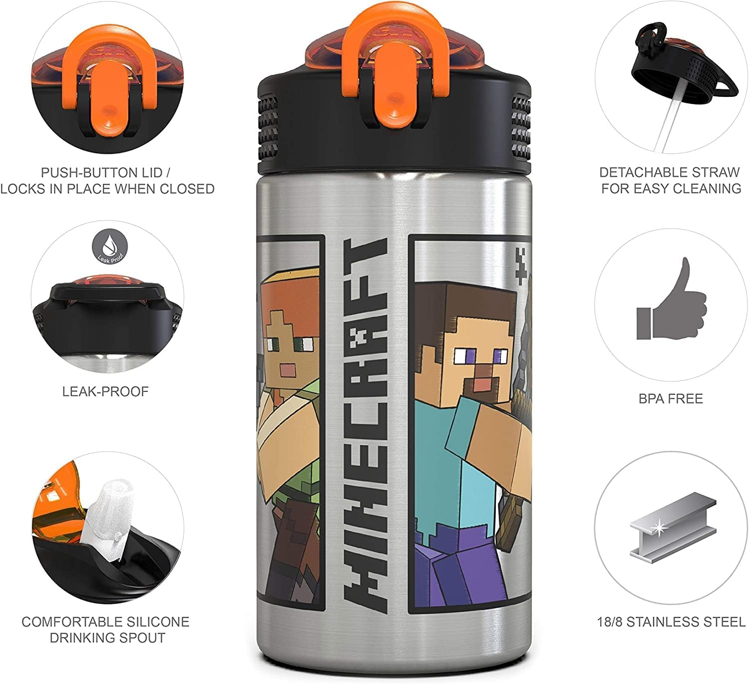 Zak Designs Minecraft - Stainless Steel Water Bottle with One Hand Operation Action Lid and Built-In Carrying Loop, Kids Water Bottle with Straw Spout Is Perfect for Kids (15.5 Oz, 18/8, Bpa-Free) image number 7