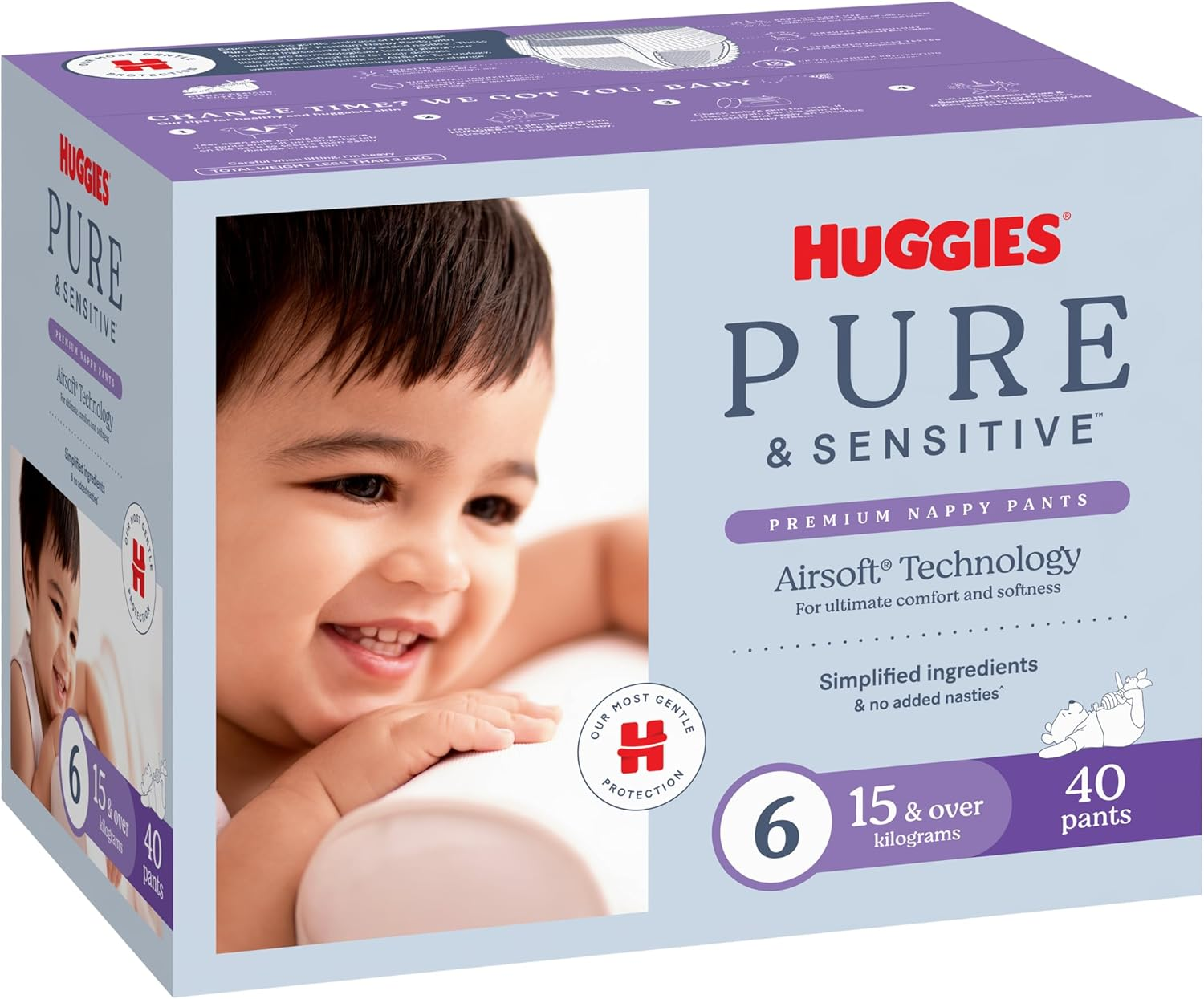 Huggies Pure & Sensitive Nappy Pants Size 6 (15+ Kg) 40 Count - Packaging May Vary image number 1