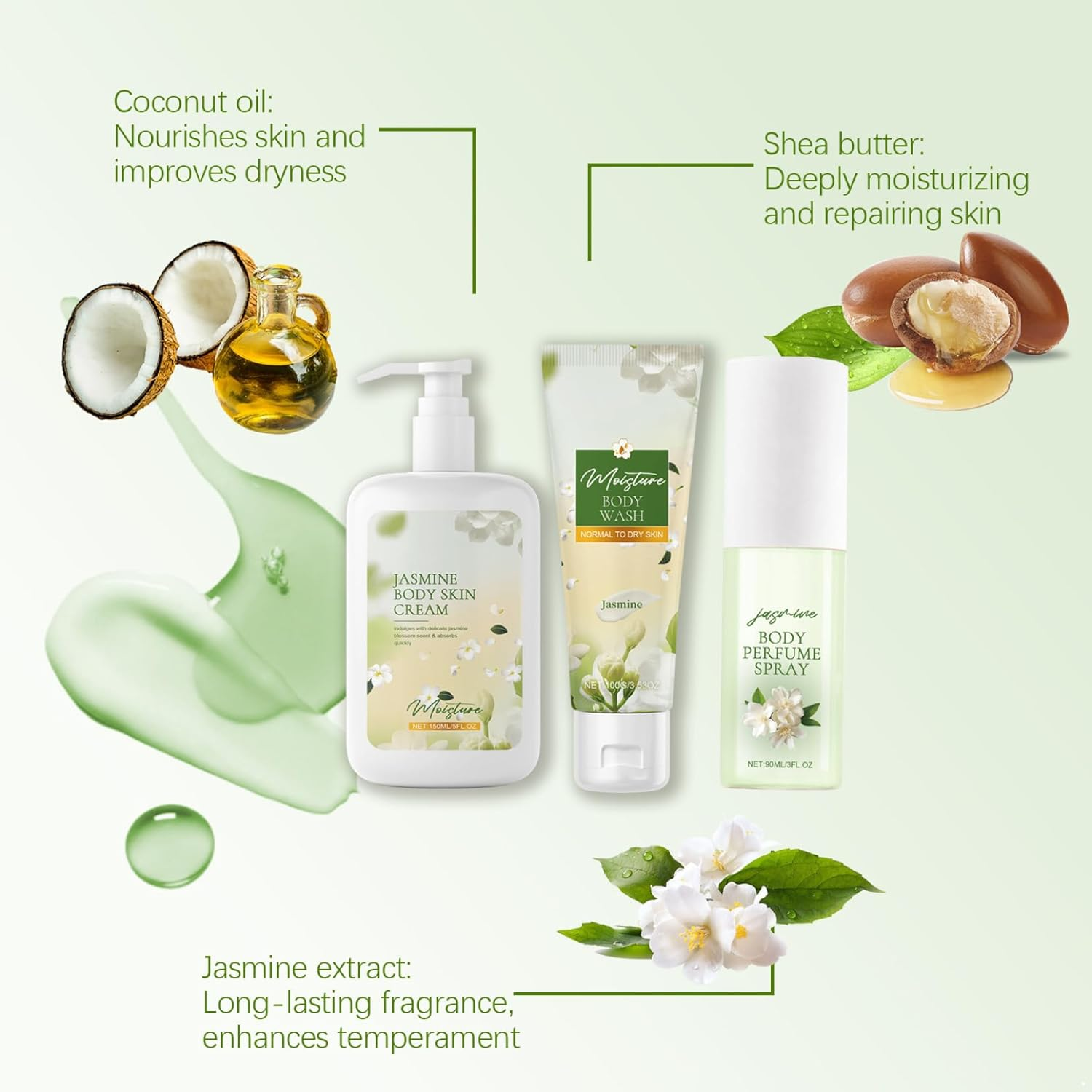 Moggemol Floral Jasmine Body Wash and Lotion Set with Perfume 3 Piece Gift Bundle for Women Long Lasting Fragrance Softening Moisturizing White One Size image number 1