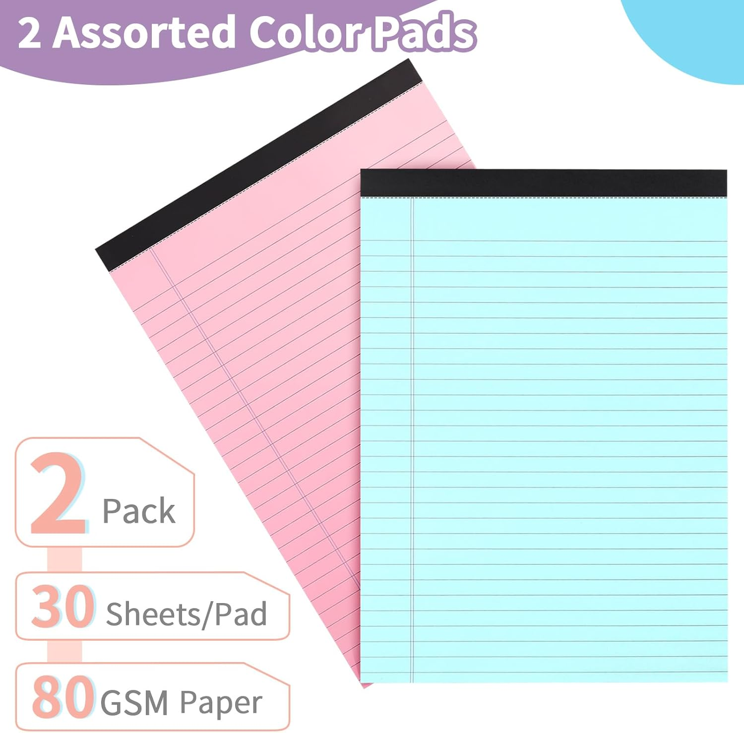 WINKIO Colored Legal Pads, 2 Pack Writing Pads 8.5 X 11 Inch, Micro Perforated Notebooks with Sturdy Back, Wide Ruled, 30 Sheets per Writing Pad for School, College, Office, Professional (Blue/Pink) image number 1