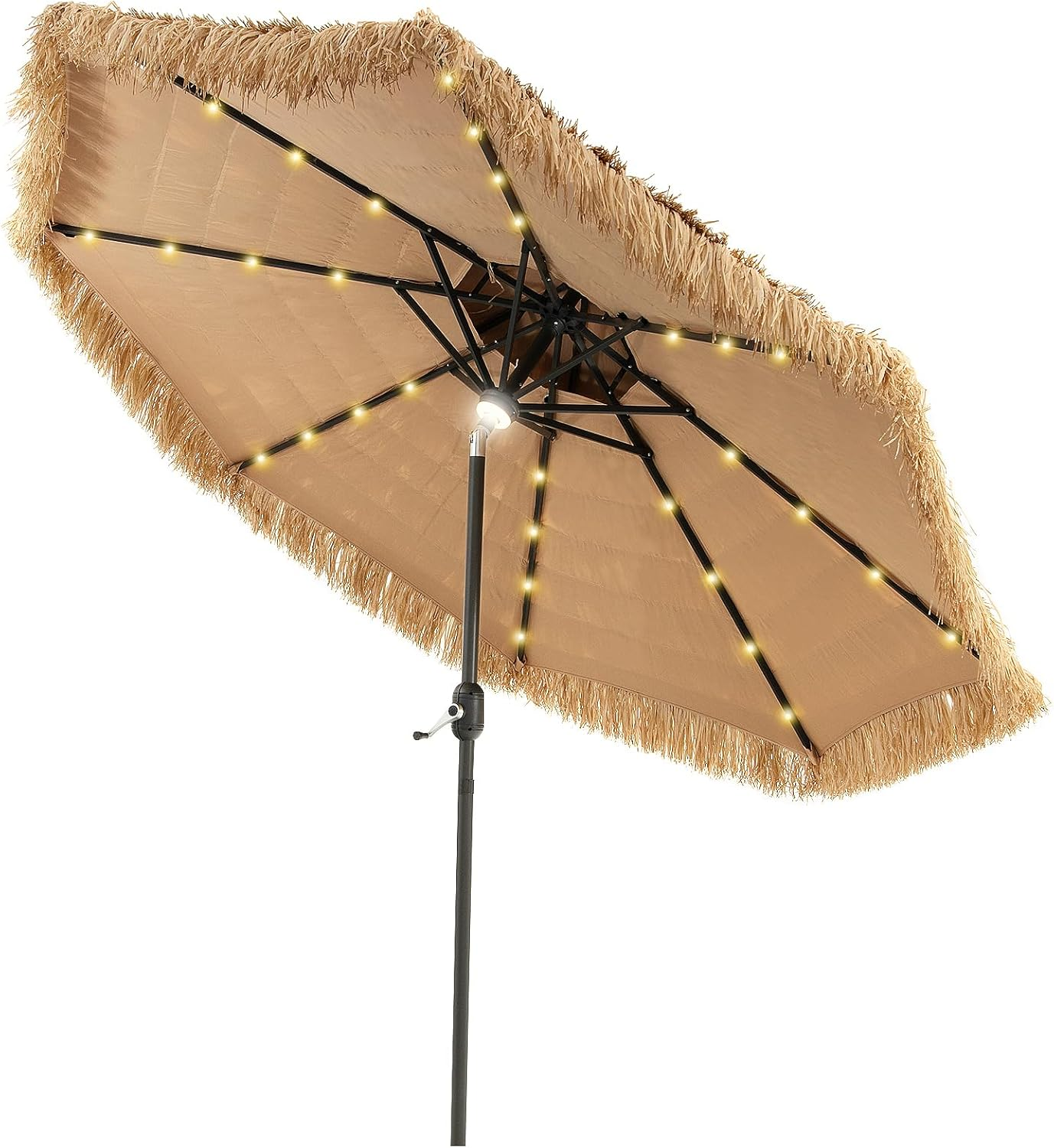 Costway 32 LED Hula Thatched Tiki Umbrella, Solar Powered Hawaiian Style Beach Umbrella with 8 Ribs, 30&deg; Tilt & Crank, Outdoor Market Umbrella for Tropical Palapa, Tiki Bar, Patio, Garden & Poolside, Natural image number 3