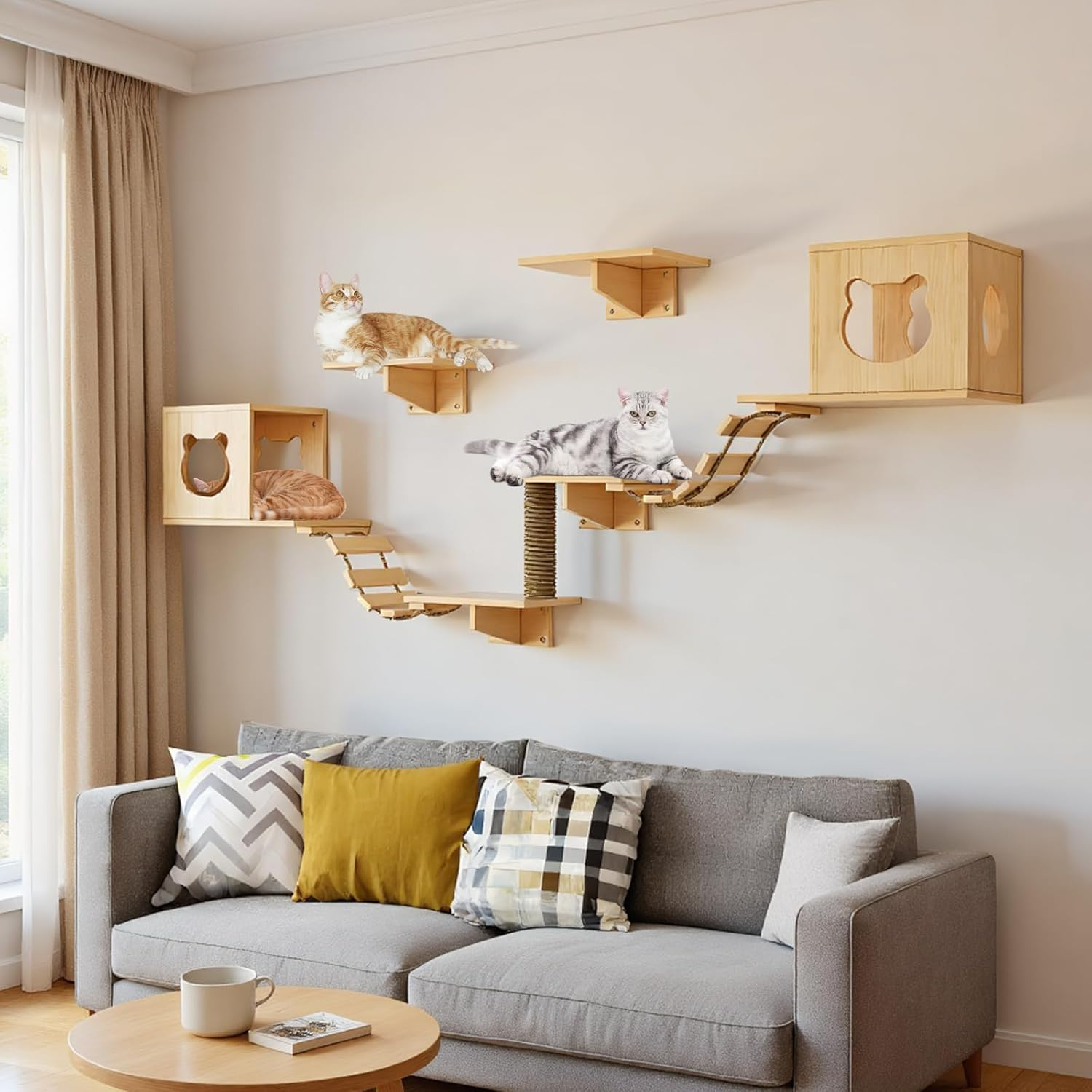 HOOMFIT Cat Wall Shelve, Wooden Climbing Furniture for Cats, Wall Mount with 4 Shelves, 2 Houses, 2 Ladders & 1 Scratching Posts - Wall Mounted (9Pcs) image number 6