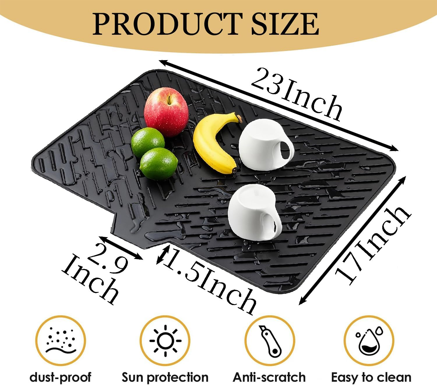 LKYLIVE Silicone Drying Mat, 23"X17" with Built-In Drain Lip,Heat-Resistant,Eco-Friendly,Hygienic Drying Pad,Leak-Proof and Non-Slip,Silicone Dish Drying Mat for Kitchen Counter or Sink（Black 23X17） image number 5