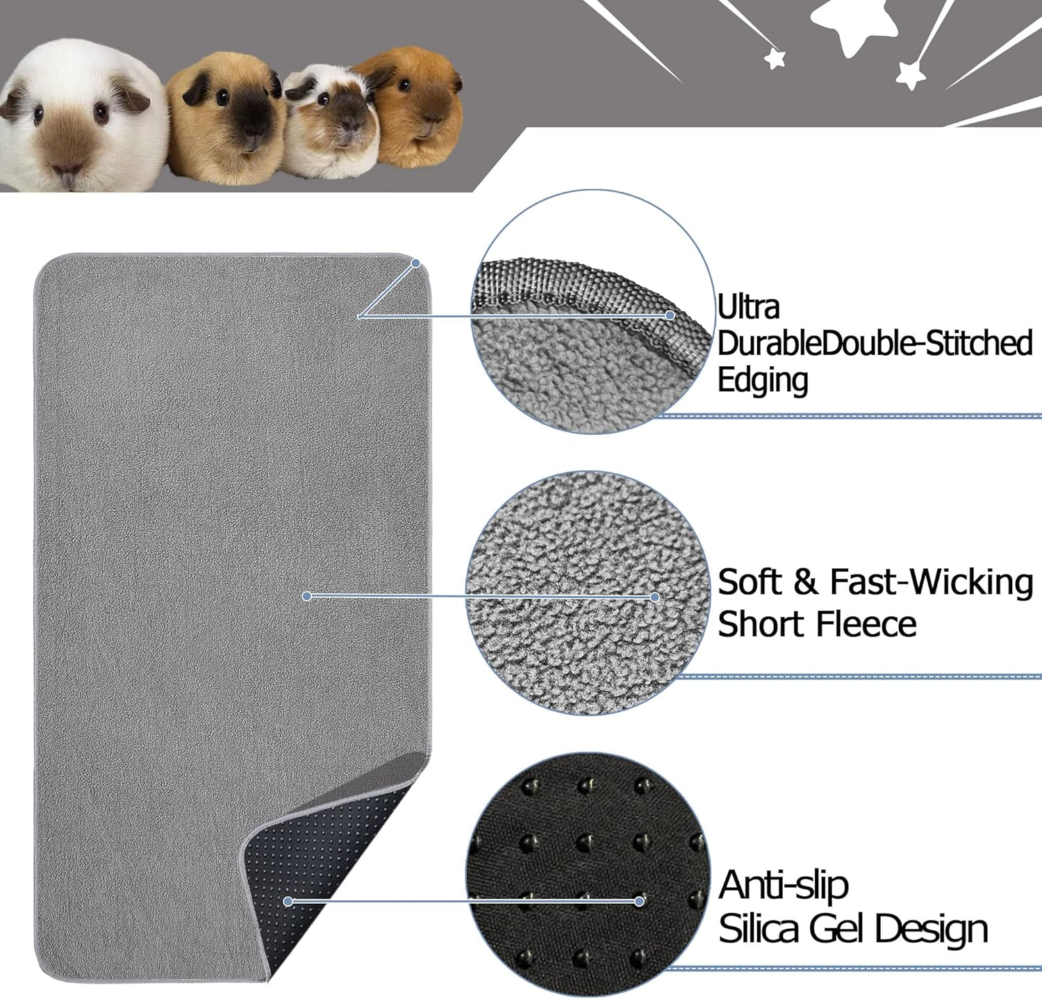 GINIDEAR Guinea Pig Cage Liner, 4 Pack - Washable, Reusable, Leakproof Fleece Bedding Pads for Small Animals with Anti-Slip Bottom - for Midwest Kitchen/17X23 Area, Gray image number 2