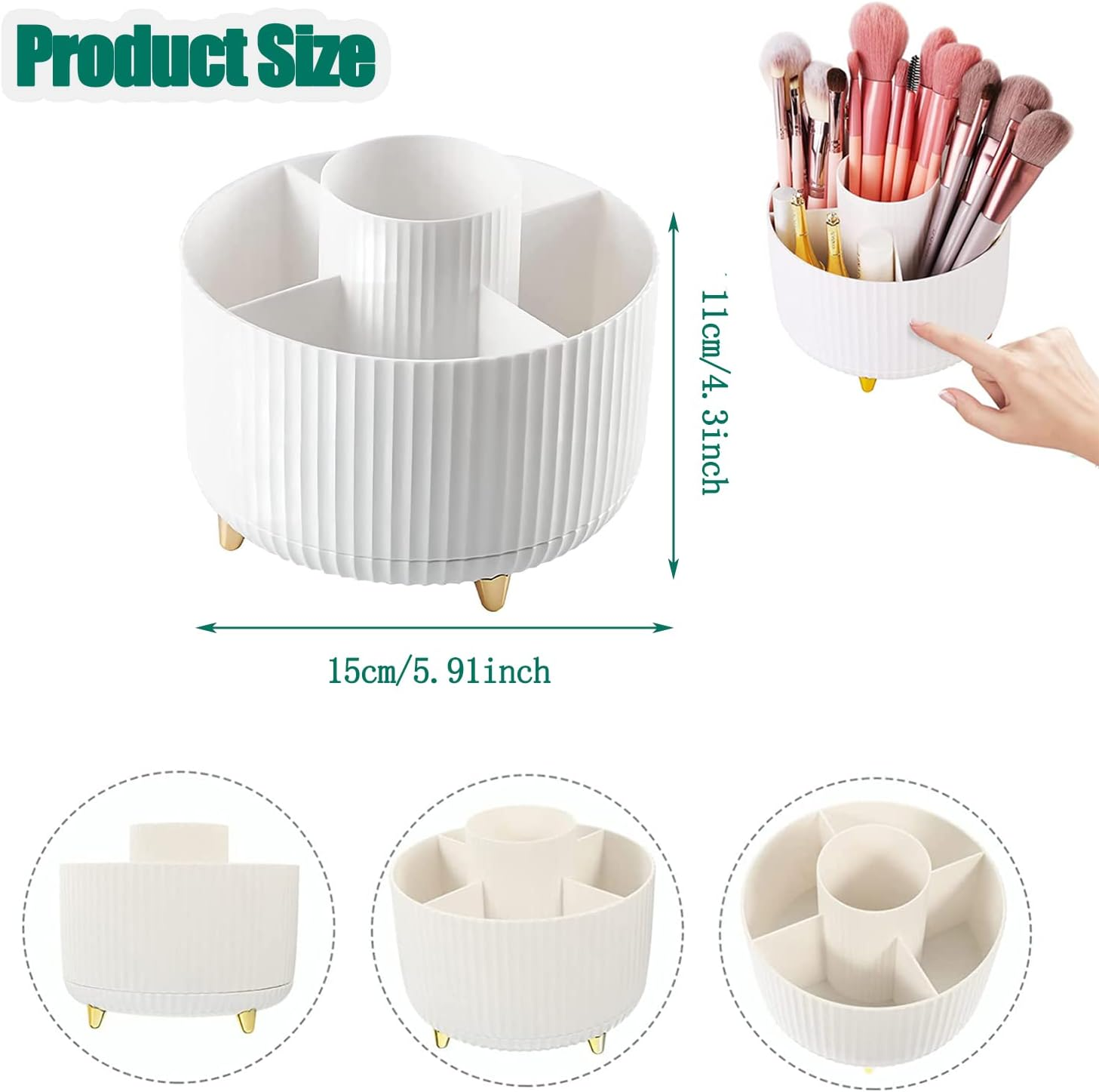 Yharnamite Makeup Brush Holder Organizer, 360&deg; Rotating Cosmetic Organizer, 5 Slot Make up Brushes Cup for Vanity Decor, Bathroom Countertops, Desk Storage Container, Cosmetic Display Cases (White)