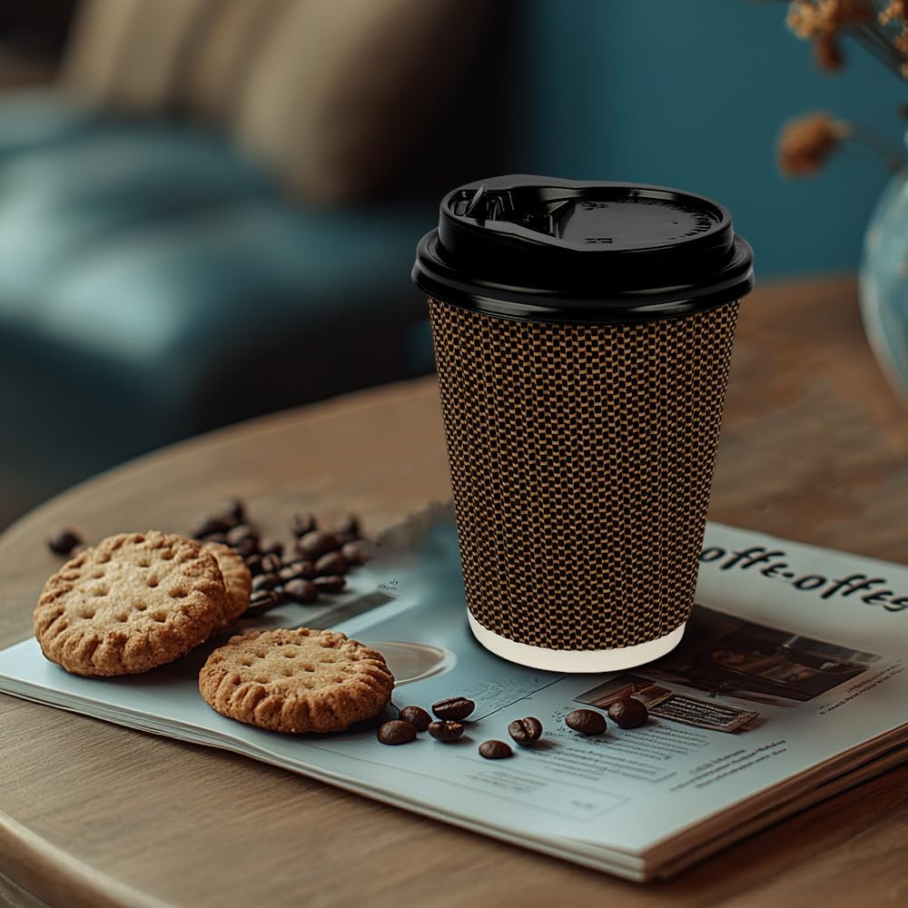 Okam Disposable Coffee Cups with Lids 12Oz (380Ml) - 100 Sets - Corrugated Ripple Wall Paper Cups - for Takeaway Coffee/Hot Chocolate - 3-Layered Wall for Hot/Cold Drinks - Coffee Shop Bulk Buy image number 5