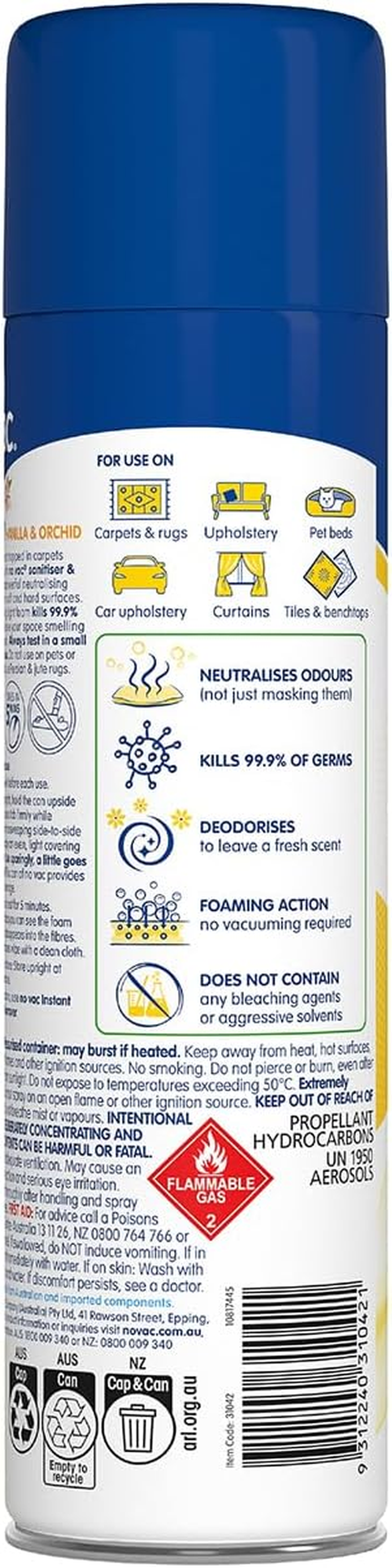 No Vac Foaming Sanitiser & Deodoriser, Pure Vanilla 418 G (Model: 31042)