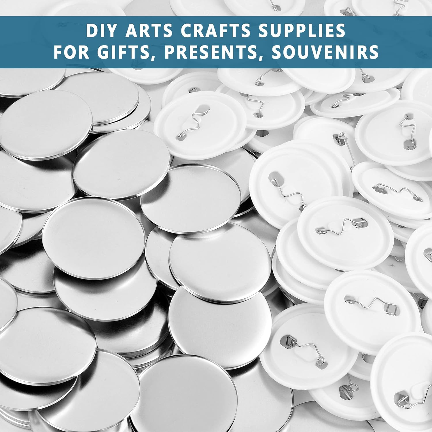 100 Pieces Blank Badge Button Parts for Button Making Machine - Metal Shells and Plastic Base Components, Badge Making Supplies for DIY Arts Crafts Gifts Souvenirs (58Mm)