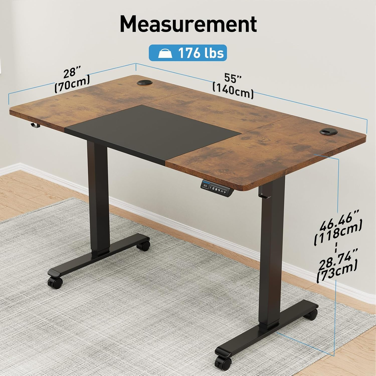 MOUNTUP Electric Standing Desk 140X70Cm (55X28) Height Adjustable, Sit Stand Desk with Memory Controller, Ergonomic Stand up Desk for Home Office with Splice Board, Rustic Brown+Black - Oak+Black image number 2