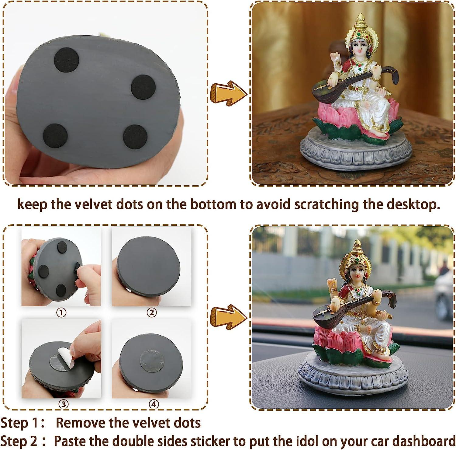 Alikiki Small India Idol Sarawati Statue - 3.9&rdquo;H Hindu Goddess Saraswati Figurine for Car Dashboard Decor Indian Home Office Temple Mandir Pooja Item Diwali Festival Puja Gift