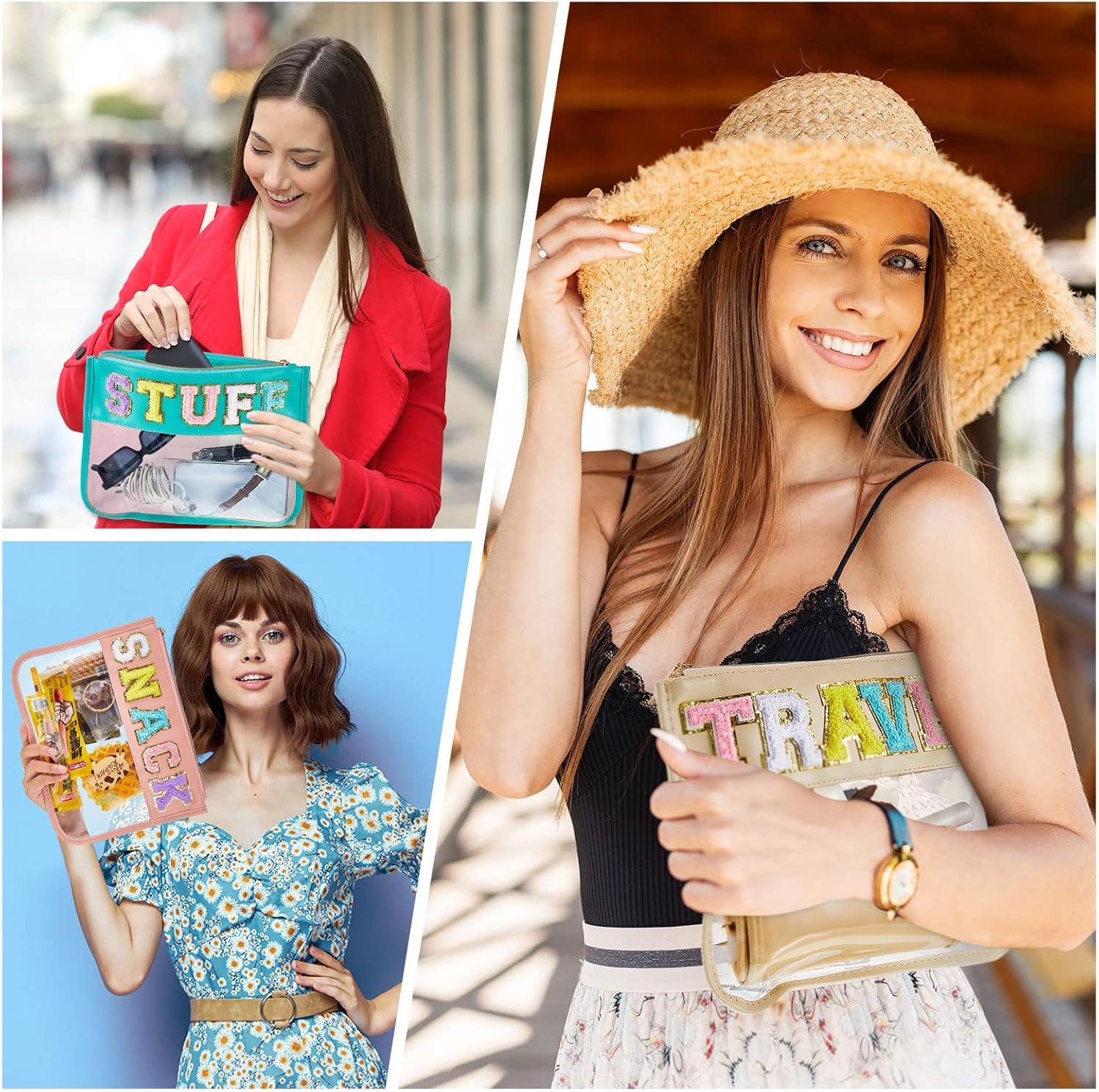 3 Pcs Chenille Letter Clear Zipper Pouch for Travel Waterproof Cosmetic Pouch Clear Snack Bags Nylon Travel Gym Beach Bag Multipurpose Makeup Bag for Women Girl (Soft Color, Travel, Stuff, Snack) image number 6