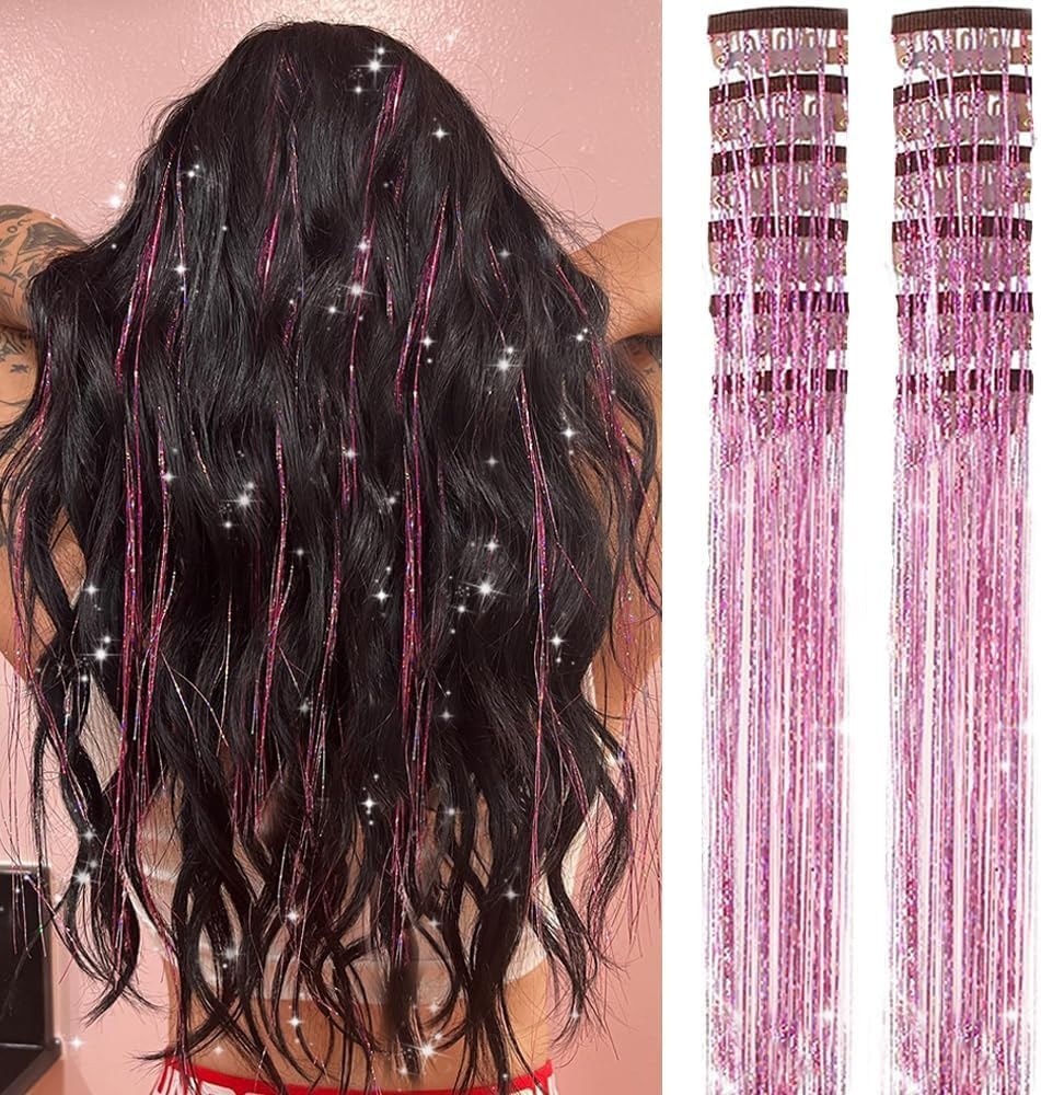 Hair Tinsel Pack of 12 Pcs Clip in Hair Tinsel 20 Inch Glitter Pink Tinsel Hair Extensions, Festival Tinsel Fairy Hair Extension Party Dazzle Accessories Strands Kit (Silver)