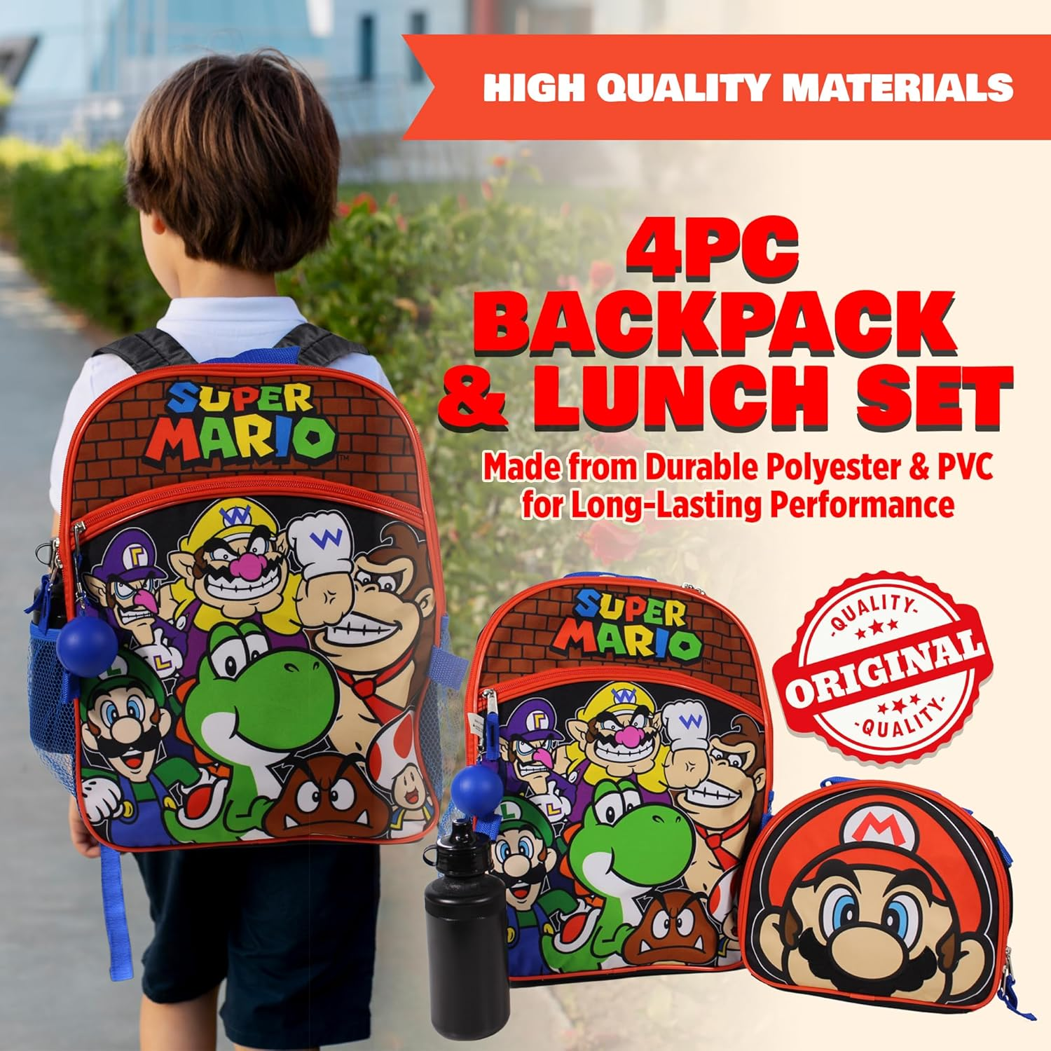 Nintendo Super Mario Bros. Backpack Set for Boys & Girls, Kids 16" School Bag with Front Zip Pocket, Red & Black, Multicolor, Medium, Traveling image number 5