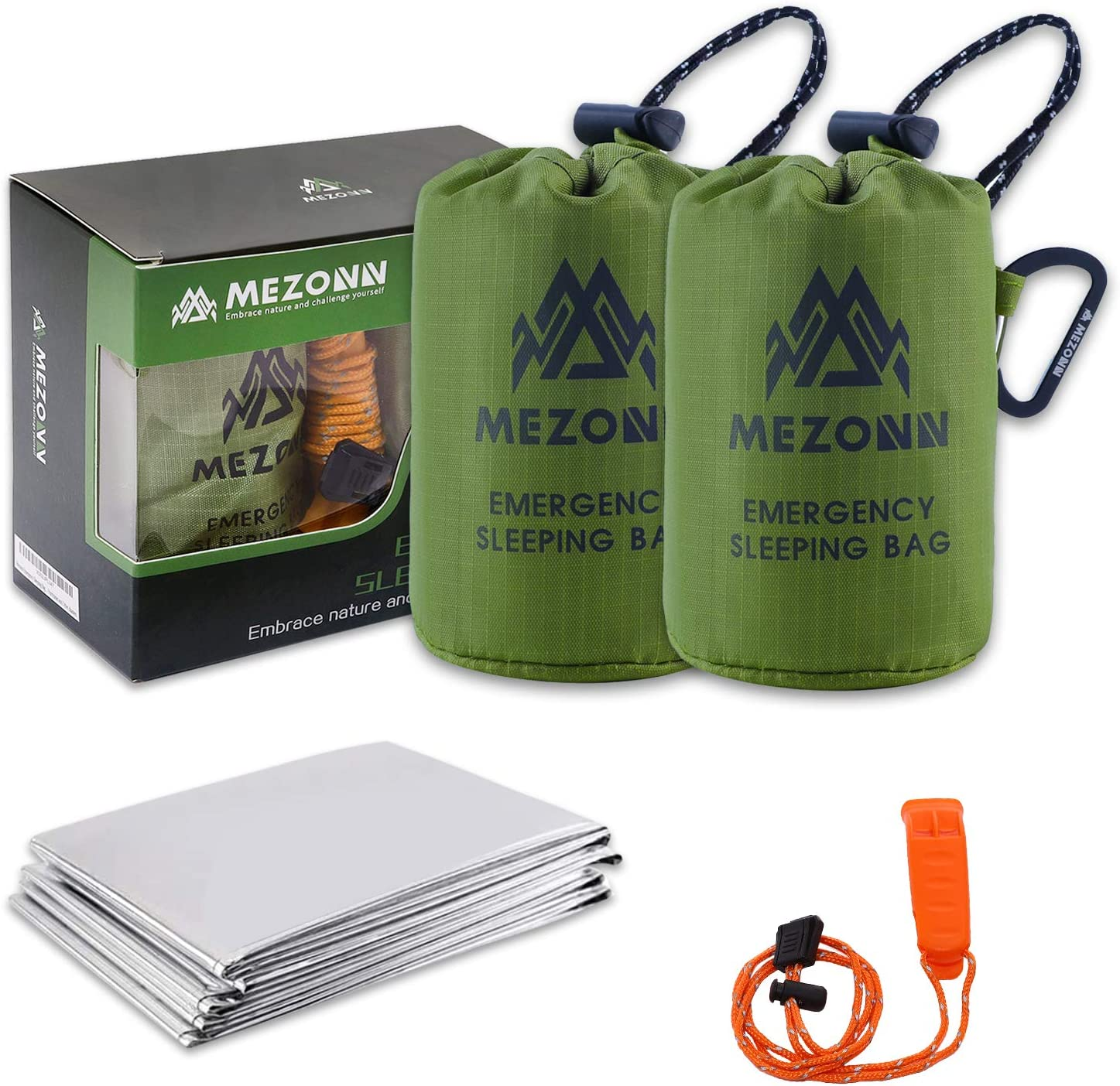Mezonn PE Emergency Sleeping Bag Survival Bivy Sack- Use as Emergency Space Blanket, Lightweight Sleeping Bag, Survival Gear for Outdoor, Hiking, Camping - Includes Nylon Sack with Carabiner