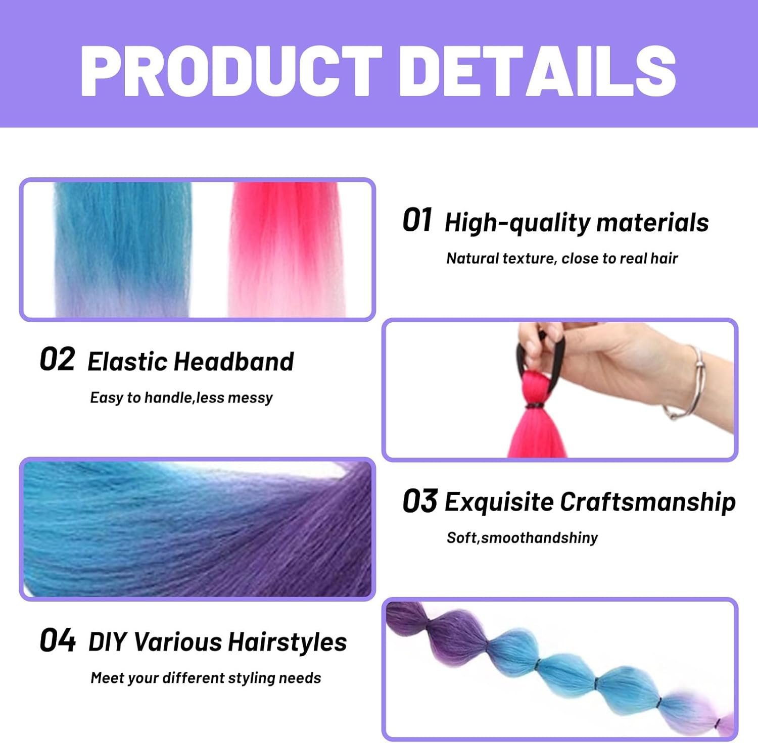 4 X Synthetic Hair for Braiding 70 Cm - Hair Strands for Braiding with Hair Ties, Braided Braid Extensions in Blue/Purple & Pink-Red, High-Quality Braids for Children, Party, Carnival and Holiday image number 2