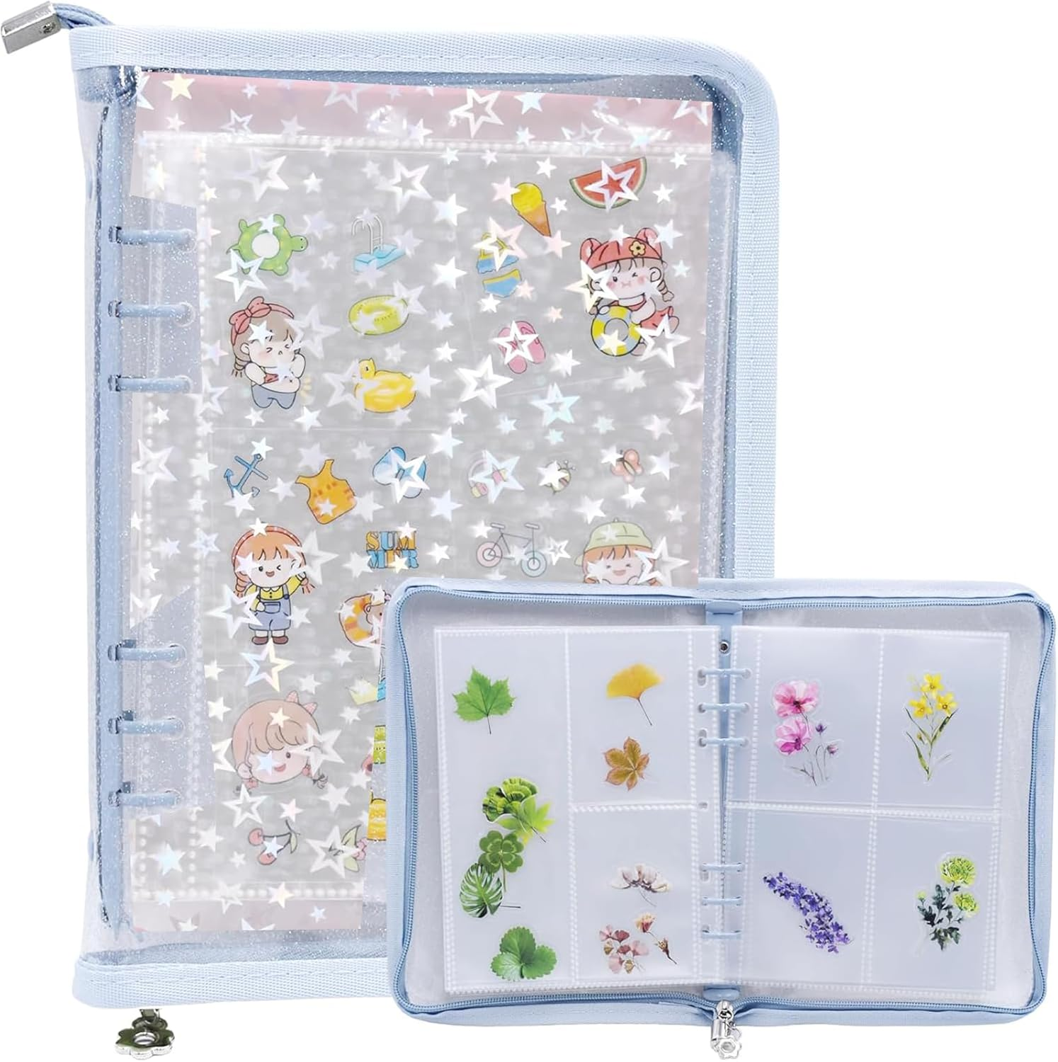 Transparent Zipper Sticker Storage Organizer Binder Album, 90 Pockets for Jewelry, Scrapbook & Collecting Stickers (Pink)