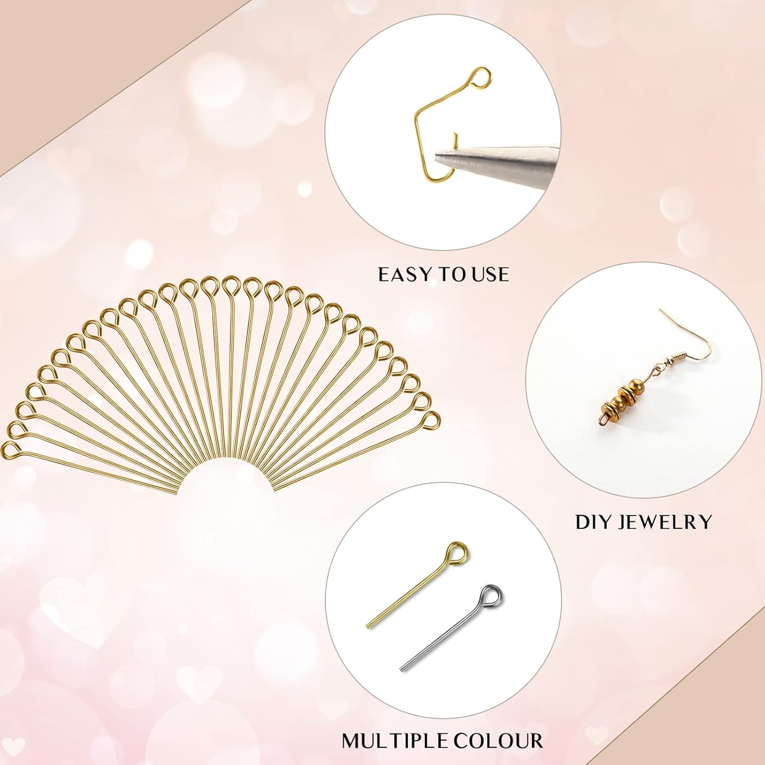 1400 Pieces Eye Pins Mix Jewelry Findings - 0.63, 0.79, 1.18 Inch Open Head Pins for DIY Necklace Making (Gold, Silver)