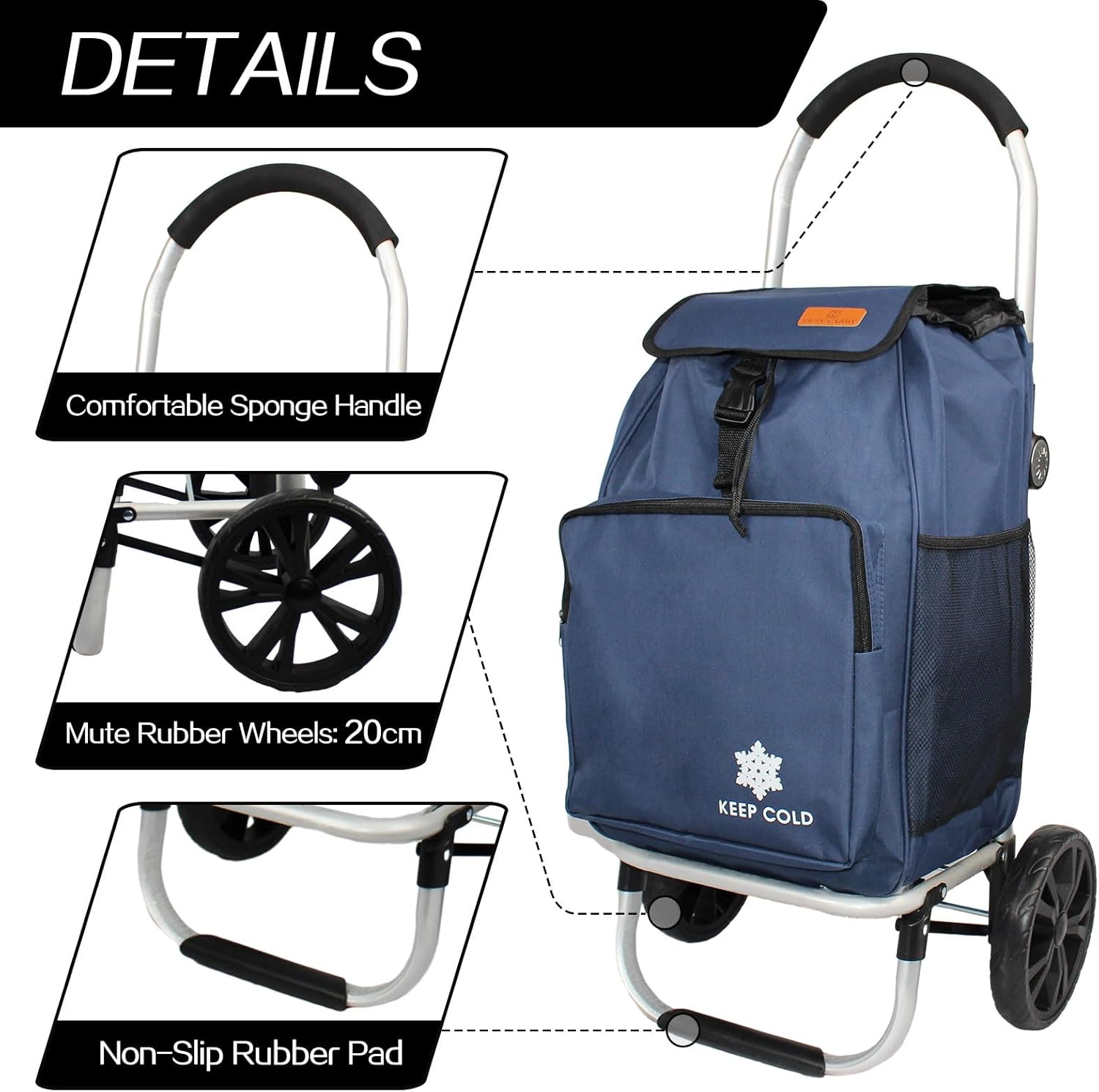 Foldable Shopping Trolley Cart with Wheels Alumimium Shopping Cart for Groceries with Removable Bag Lightweight Utility Cart (Blue) - Blue image number 4