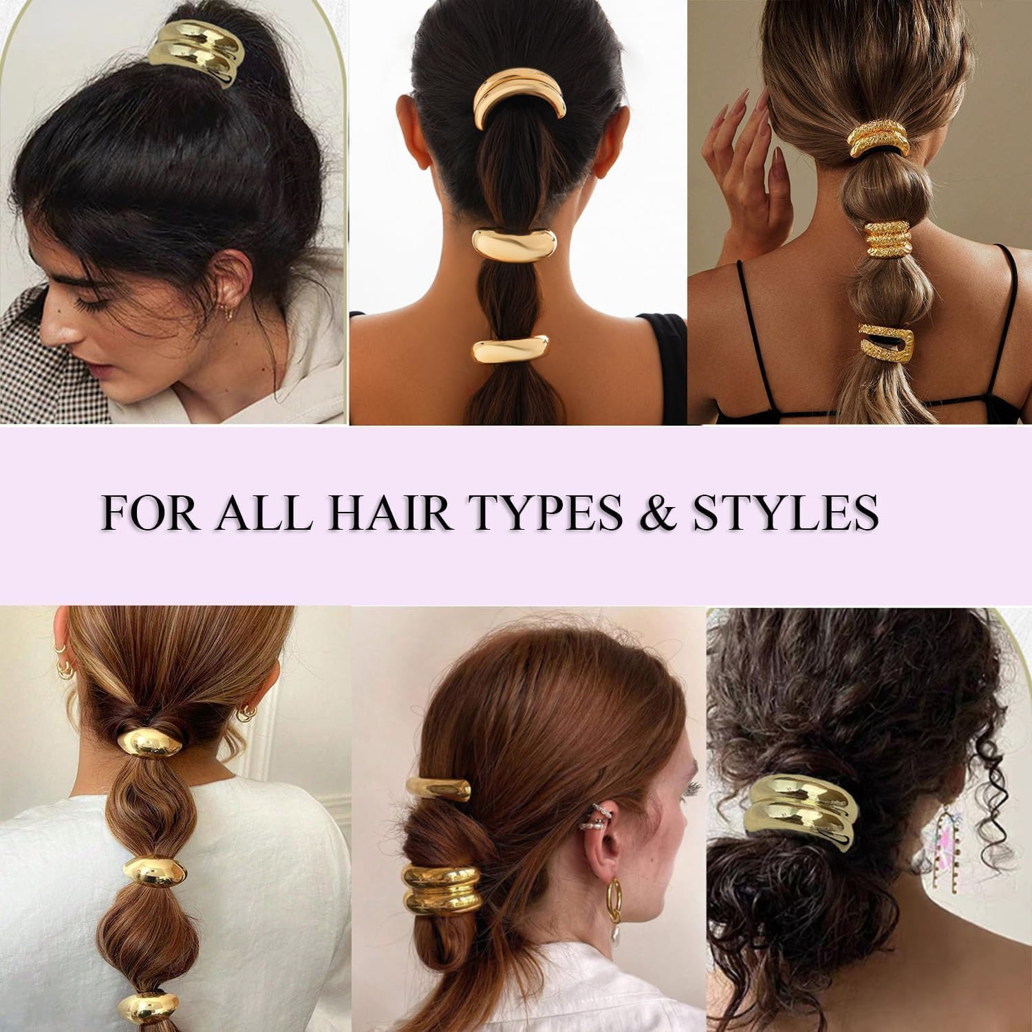 Metal Geometric Elastic Hair Tie,4Pc Metal Geometric Elastic Hair Tie,Metal Hair Tie Ponytail Hair Cuff,Gold Hair Tie Metal Geometric Hair Cuff,Geometric Elastic Ponytail Hair Cuff,Metal Cuff Hair Tie image number 2