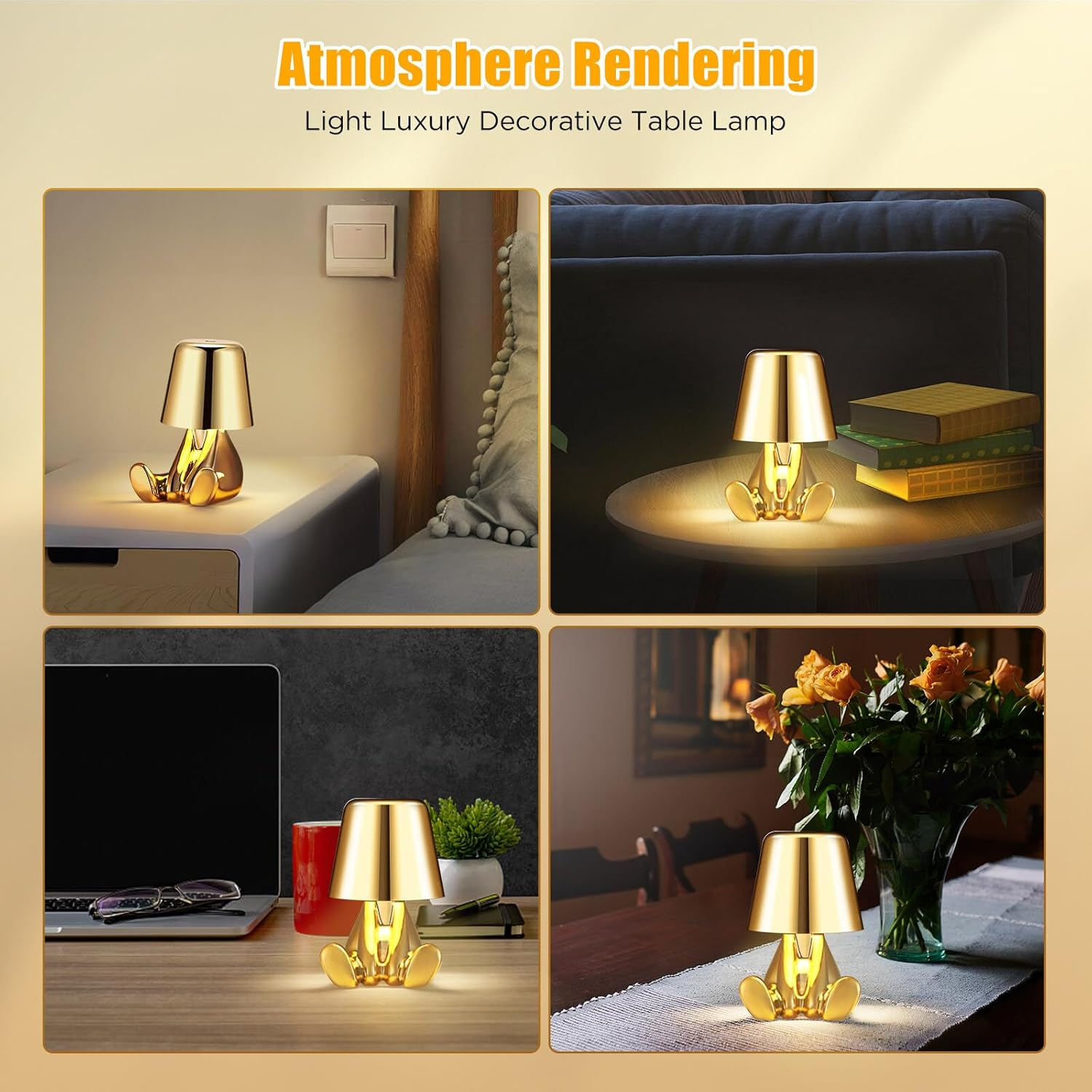 Blingbin Bedside Touch Control Table Lamp, Creative Golden Man Decorative Thinker Statue LED Desk Lamp, USB Charging 3 Level Brightness Dimmable Night Light for Bedroom Office Living Room Decor Gift - F image number 6