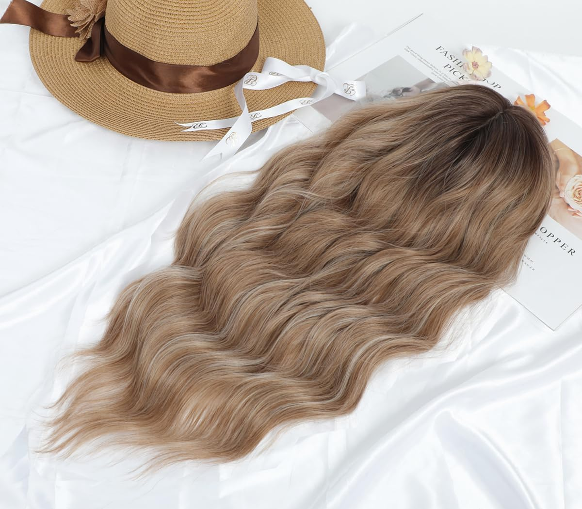 Hair Topper 22" Wavy Toppers Hair Pieces for Women Synthetic Middle Part Hair Topper Long Wavy Clip in Hairpiece with Fringe Bangs (1#) image number 4
