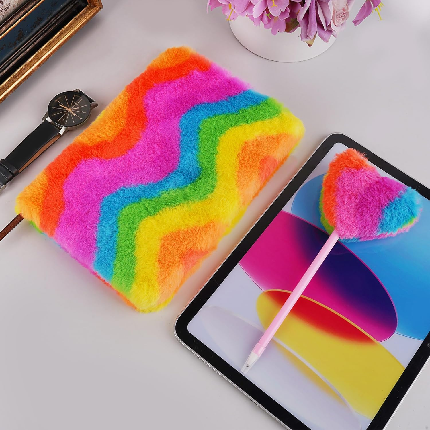 Biiange Plush Notebook, Fluffy Notebook Set, Rainbow Plush Notebooks Diary, for Girls Teens Fuzzy Journal Writing Pad A5 Lined 160 Pages (1Set, Vertical Rainbow) image number 2