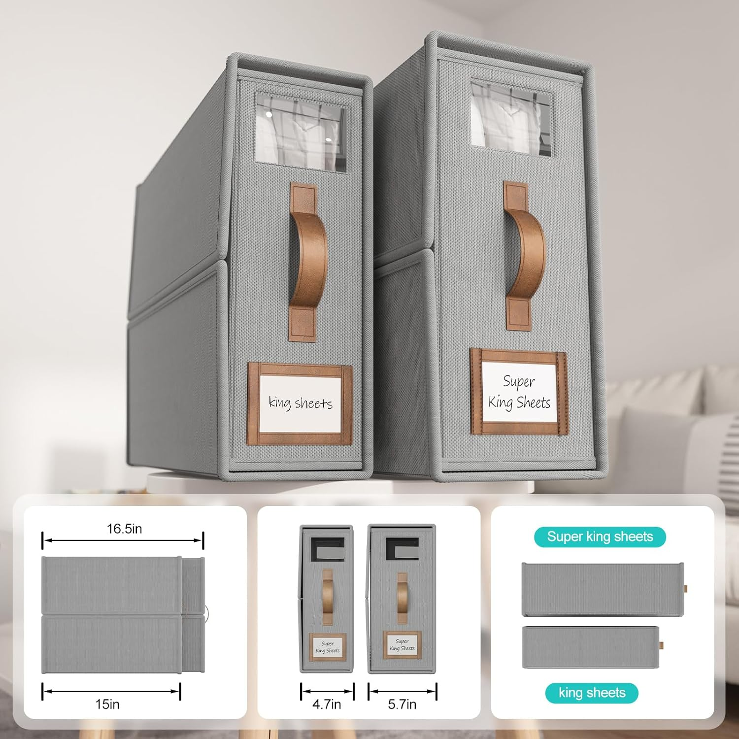 Bigponpon 4 Pack Bed Sheet Organizers and Storage,Foldable Sheet Organizer for Linen Closet(Super King Size),Linen Bedding Storage Box with Leather Handle for Bedsheets,Flannel Blankets,Thin Quilts image number 4