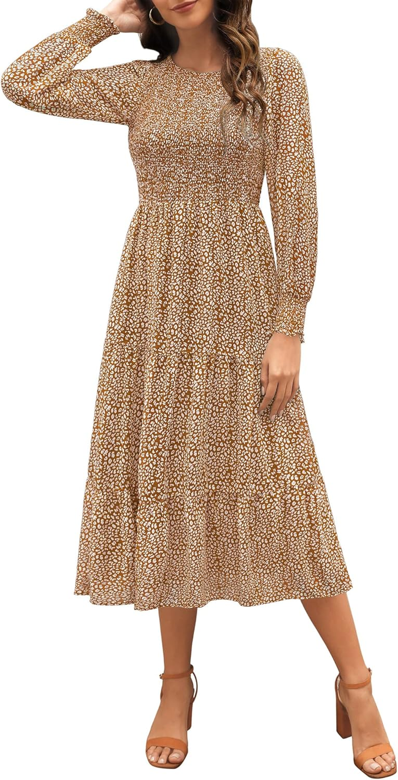 Zattcas Womens Fall Dresses 2024 Casual Long Sleeve Smocked Boho Floral Tiered Midi Wedding Guest Dress with Pockets image number 5