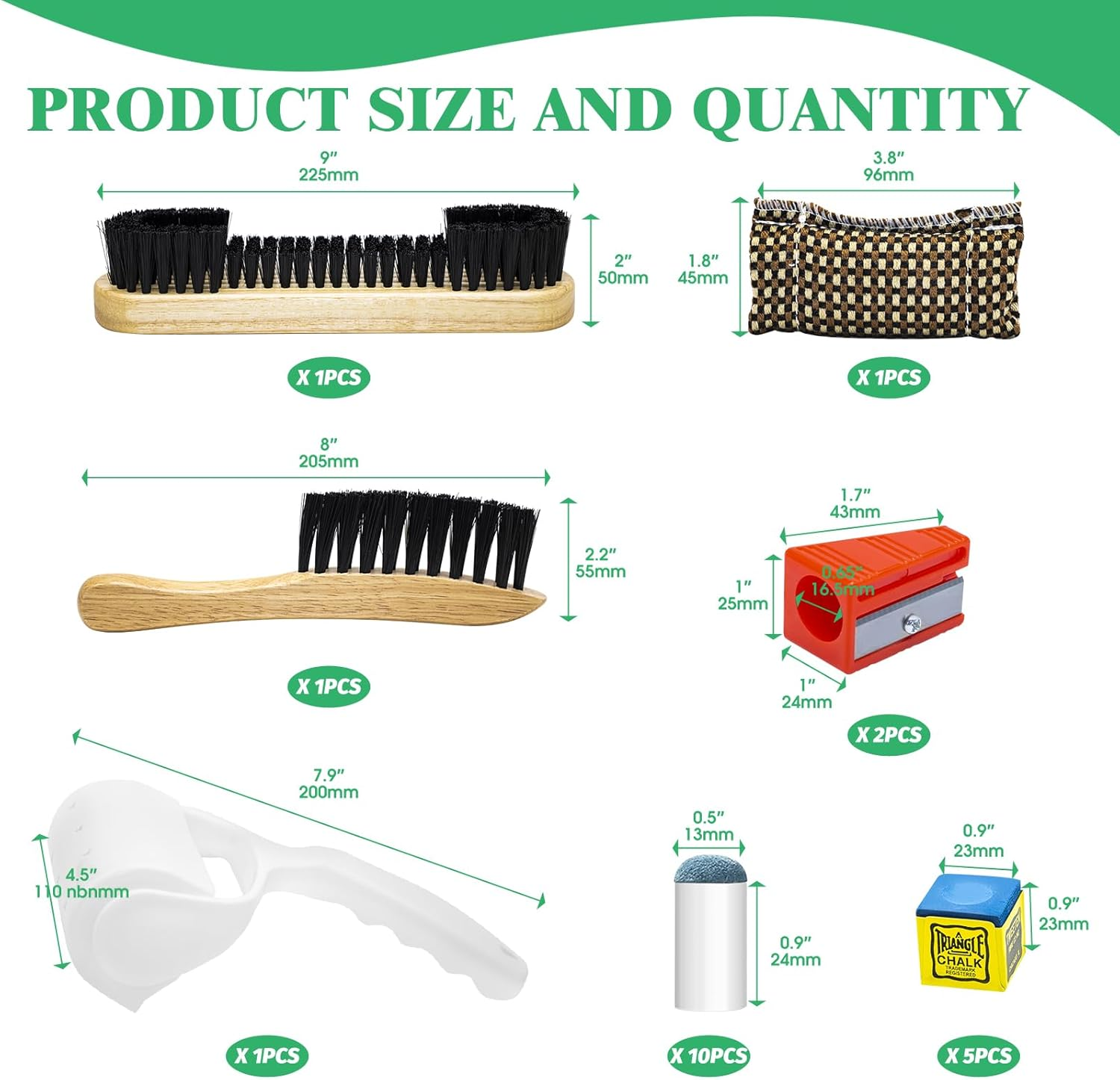 Yuahar 21Pcs Billiards Pool Table Cleaning Set W Wooden Pool Table Brush, 12Mm Slip-On Cue Replacement Tips, Sticky Lint Roller, Pool Cue Chalk Cubes and Rod Tip Sharpener for Game and Competition image number 1