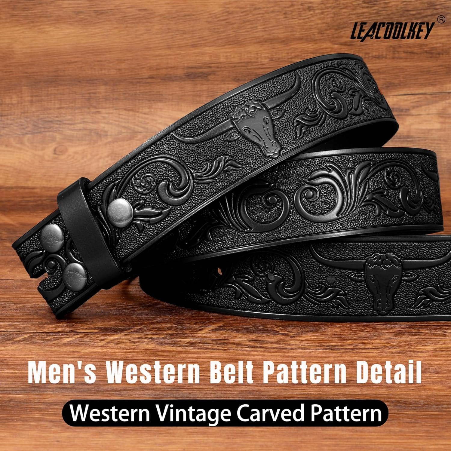 LEACOOLKEY Western Leather Belt Strap for Men Women Cowboy Western Belts without Buckle Men Western Leather Belt for Jeans Pants image number 5
