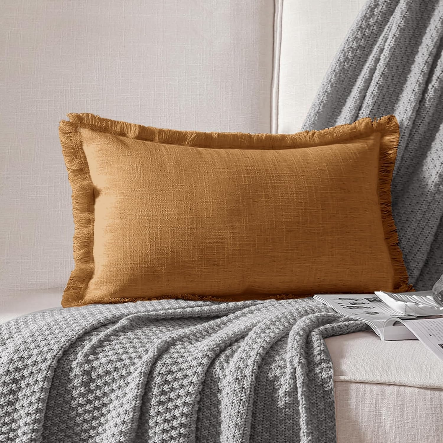 ATLINIA Decor Throw Pillow Cover - 45 X 45 Cm Linen Lumbar Pillow Cover Decorative Farmhouse Boho Fringe Cushion Cover for Couch Sofa Bed Outdoor Brown